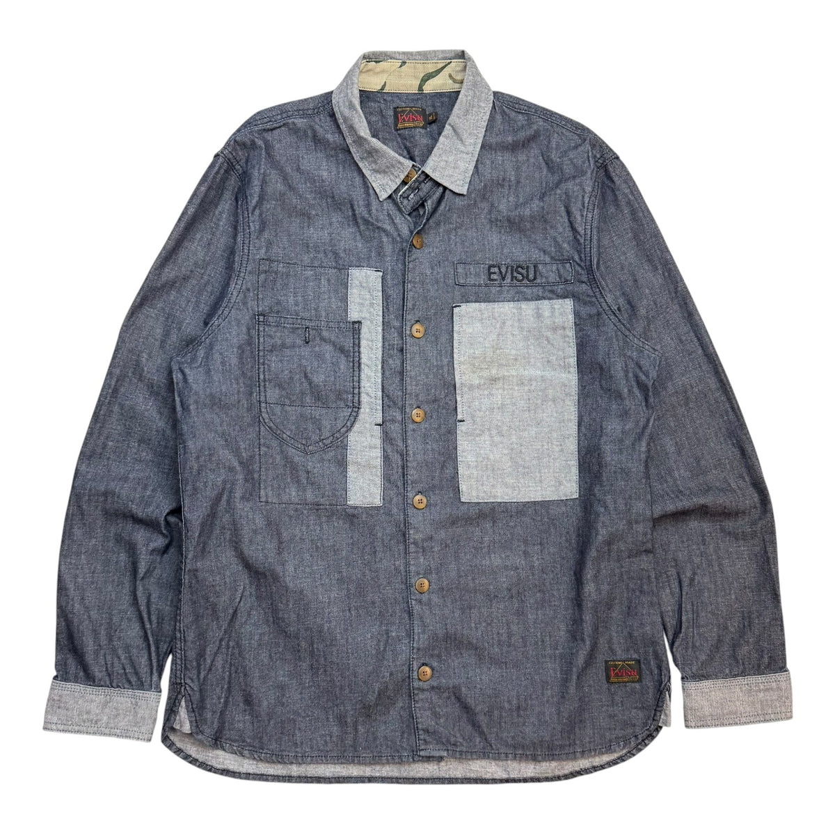 Evisu Denim Utility Button Up Shirt Dark Wash