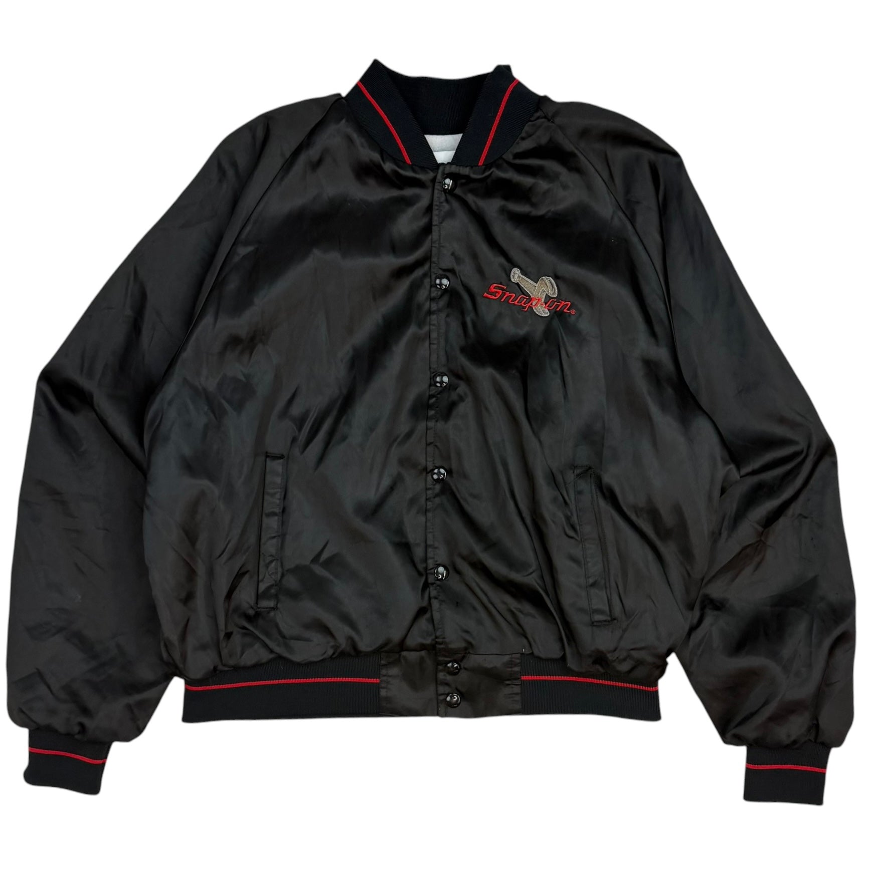 Vintage Snap-On Embroidered Satin Bomber Jacket Black