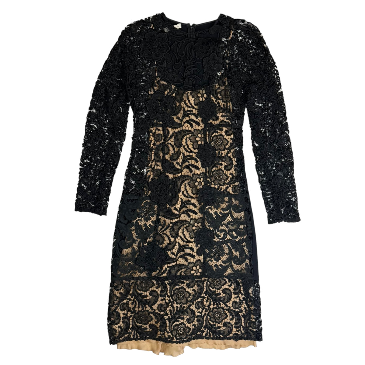 (W) FW08 Prada Floral Lace Sheath Nude Lining Dress Black