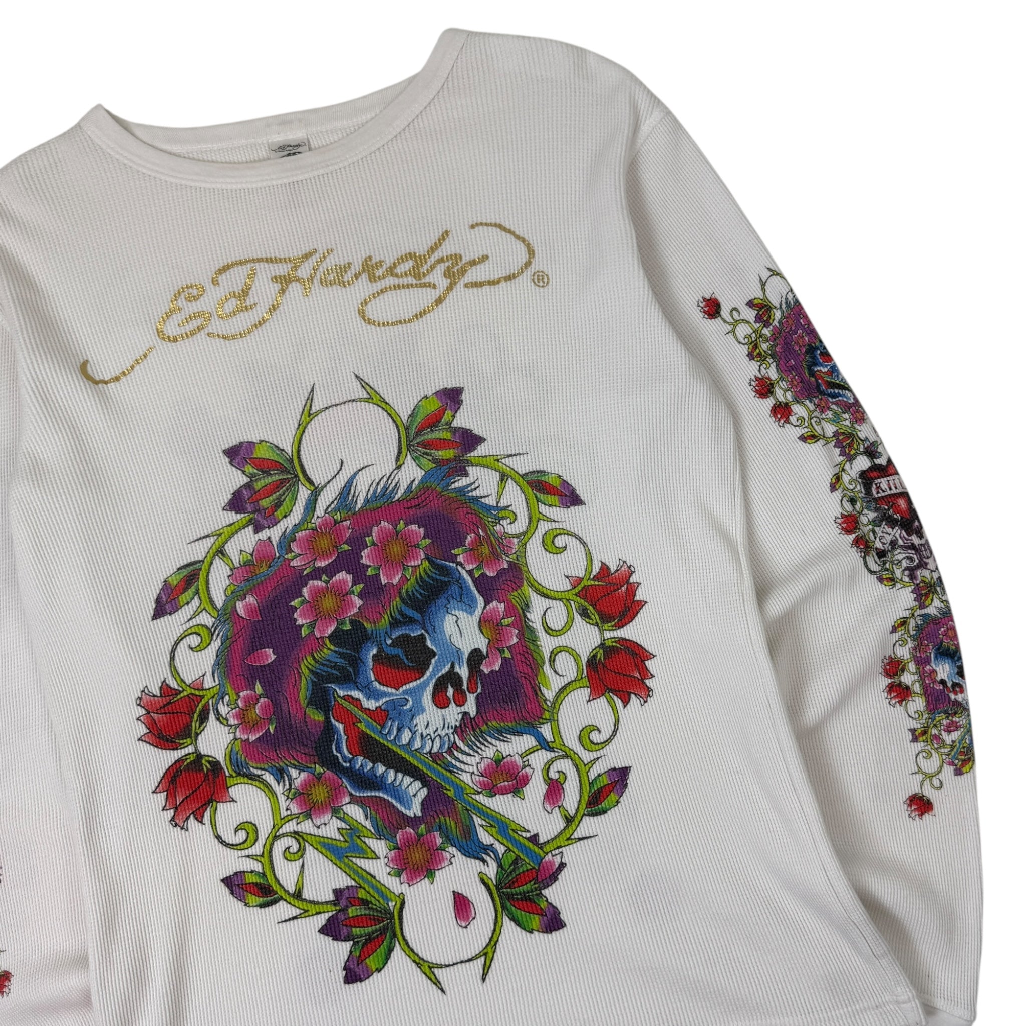 Vintage Y2K Ed Hardy Floral Skull Thermal Longsleeve White