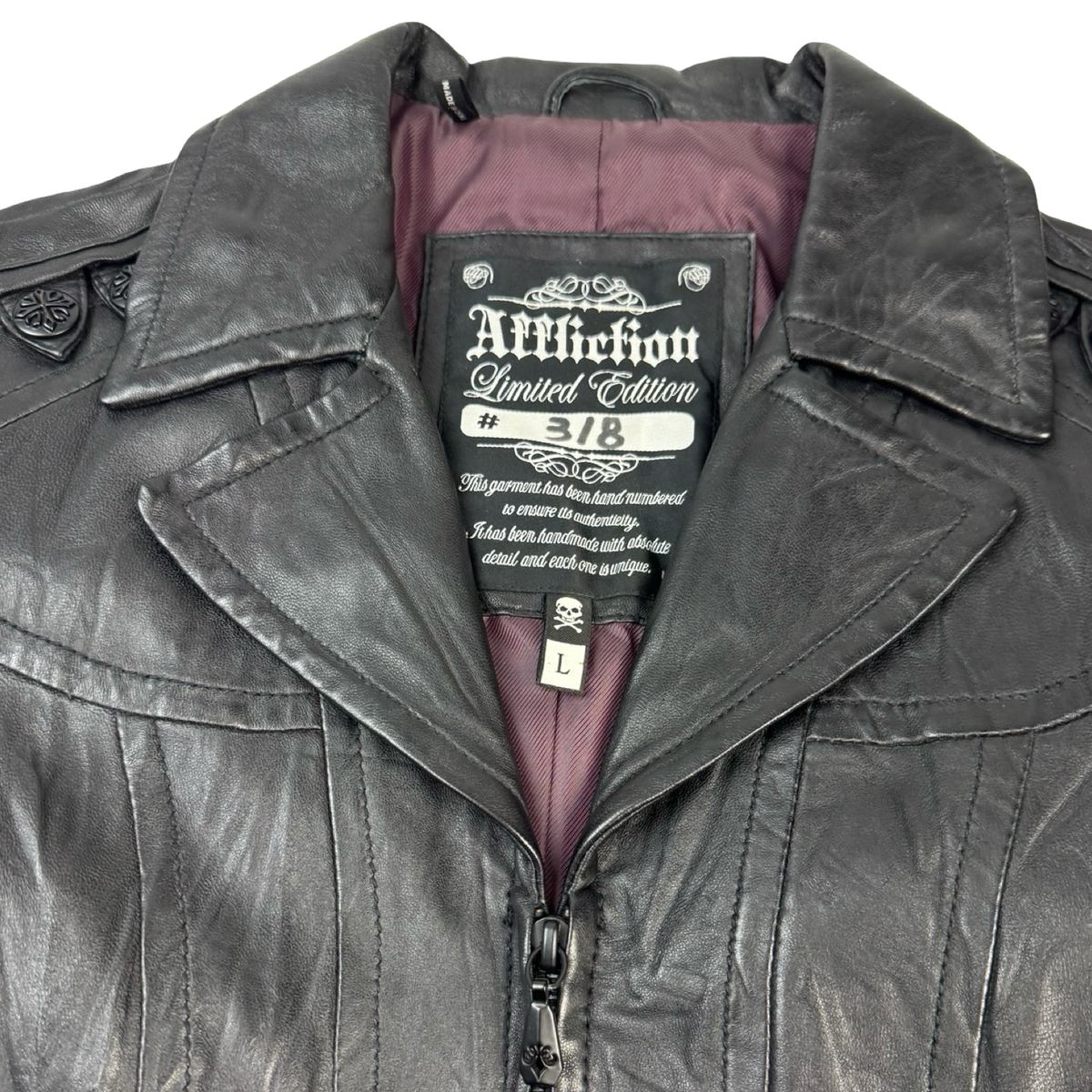 (W) Vintage 2009 Affliction Serialized Gothic Black Leather Jacket