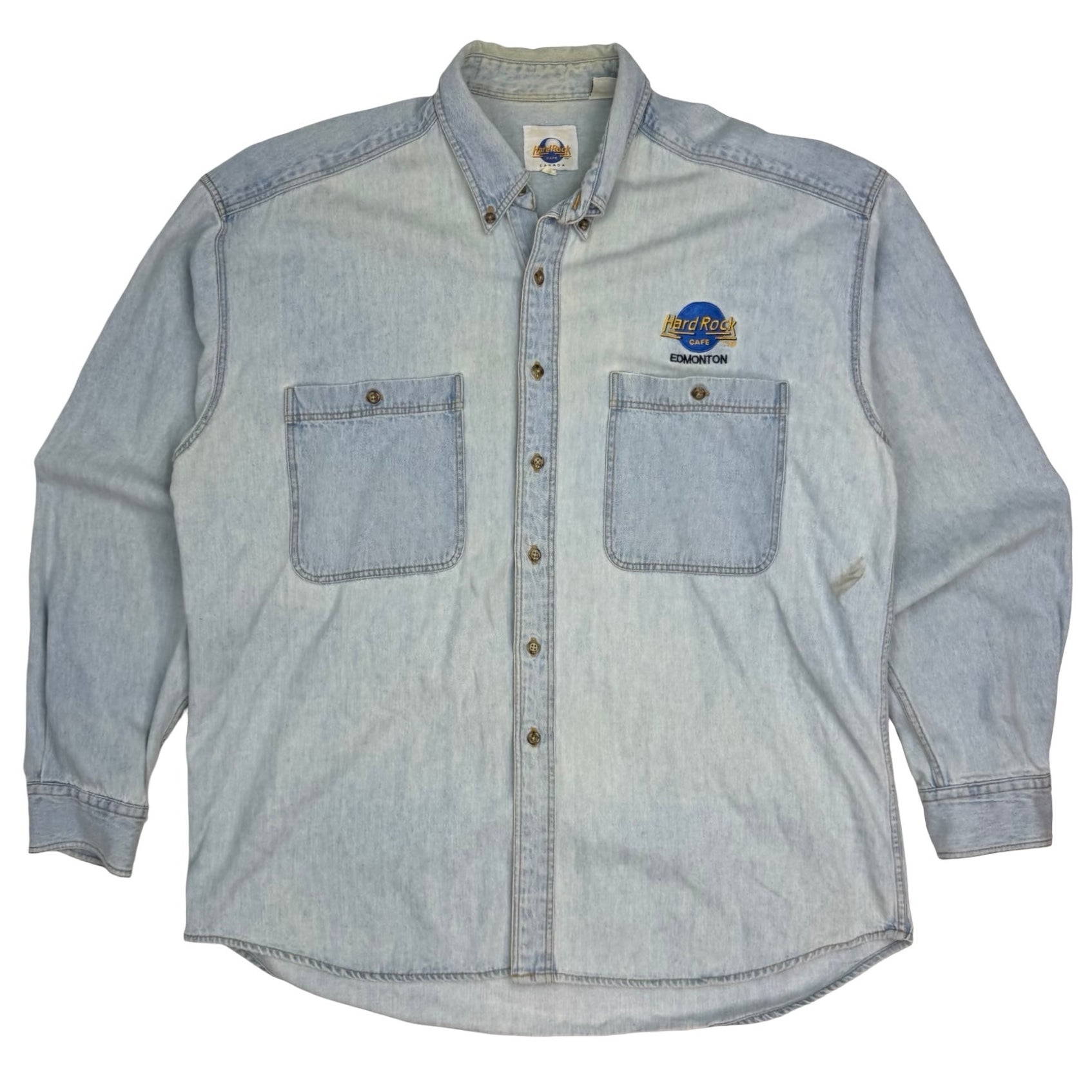 Vintage Hard Rock Cafe Edmonton Denim Button Up Shirt Blue
