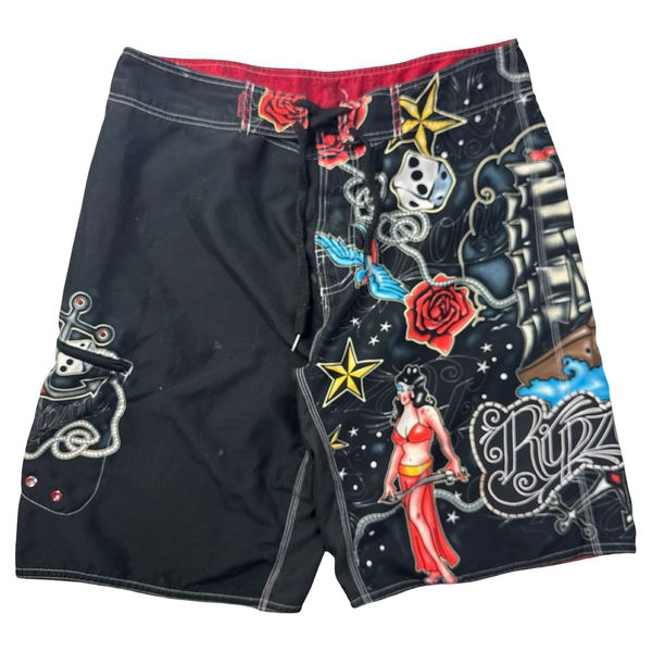 Vintage Y2K Ripzone Tattoo Board Shorts Black