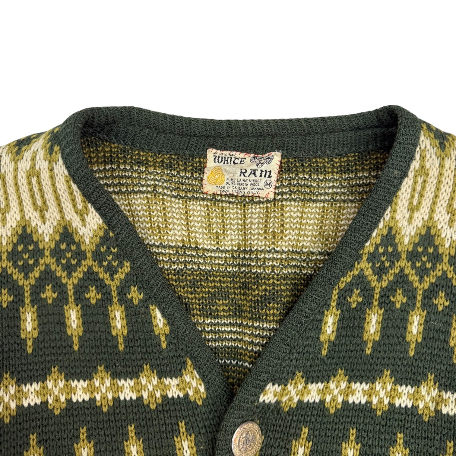 Vintage White Ram Knit Wool Cardigan Green