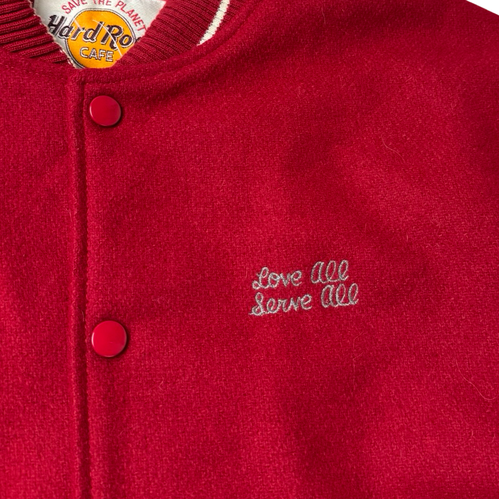 Vintage Hard Rock Cafe “Love All, Serve All” Save The Planet Las Vegas Varsity Jacket