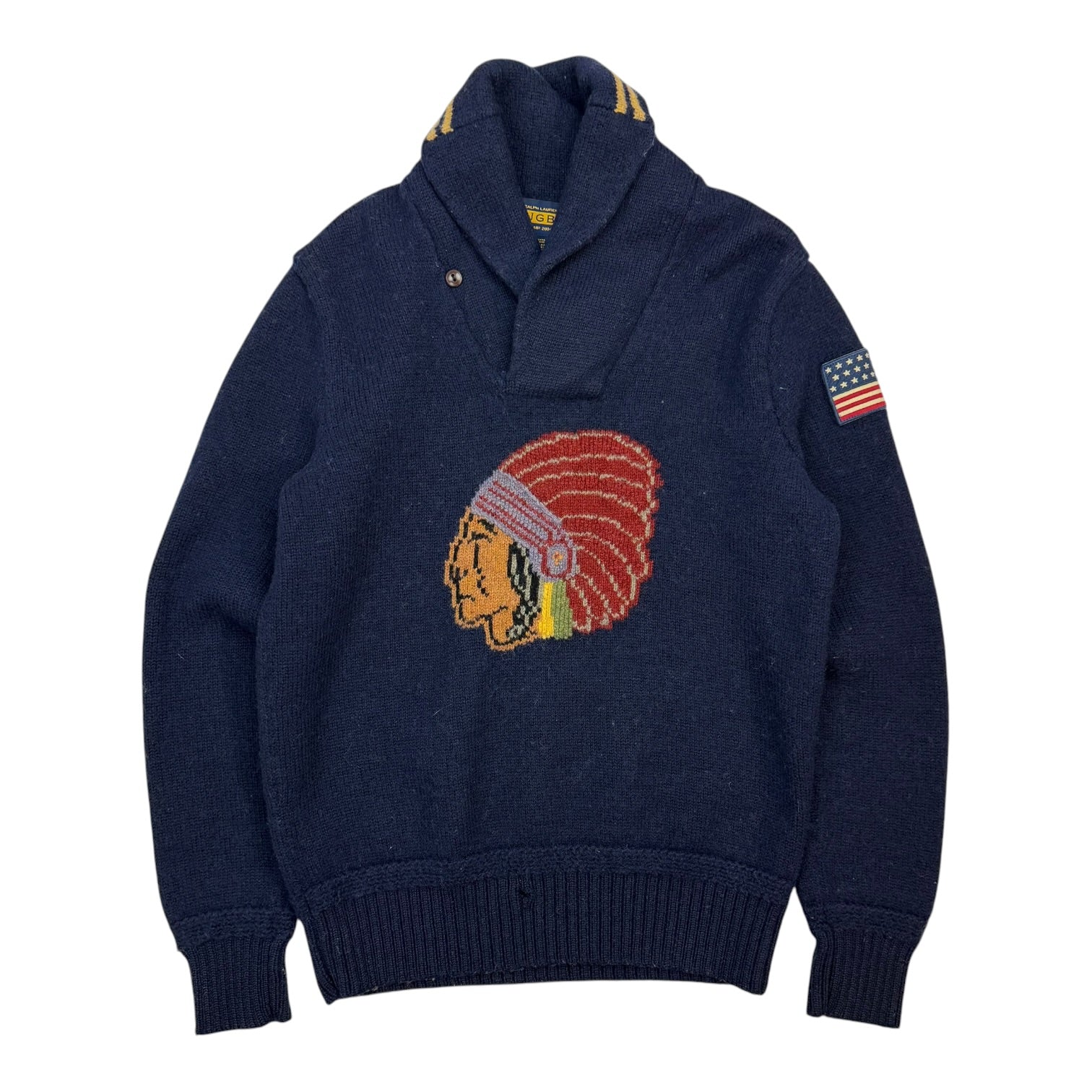Vintage Ralph Lauren Rugby Chief Head Wool Shawl Navy