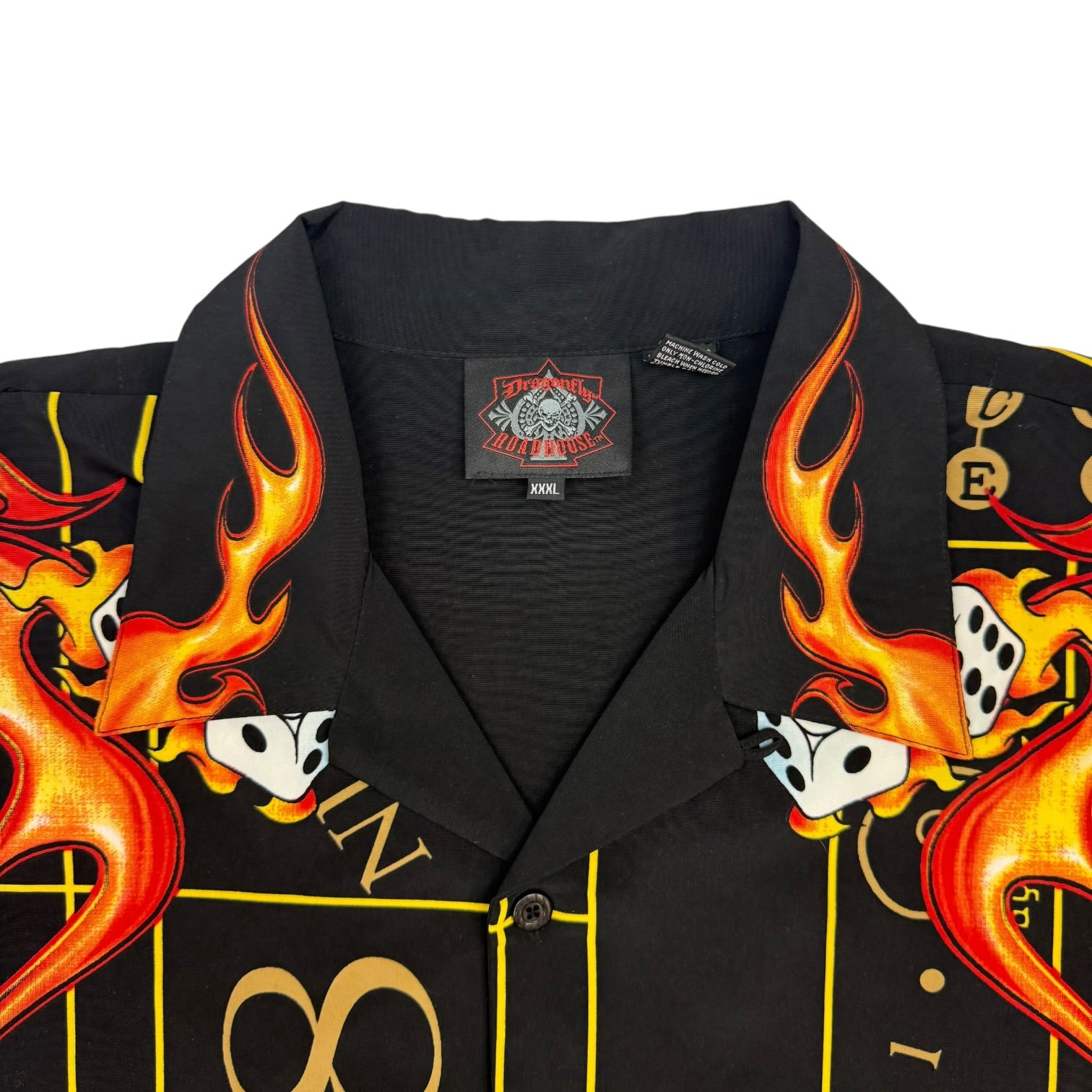 Vintage Dragonfly Roadhouse Flaming Craps Table Button Up Black