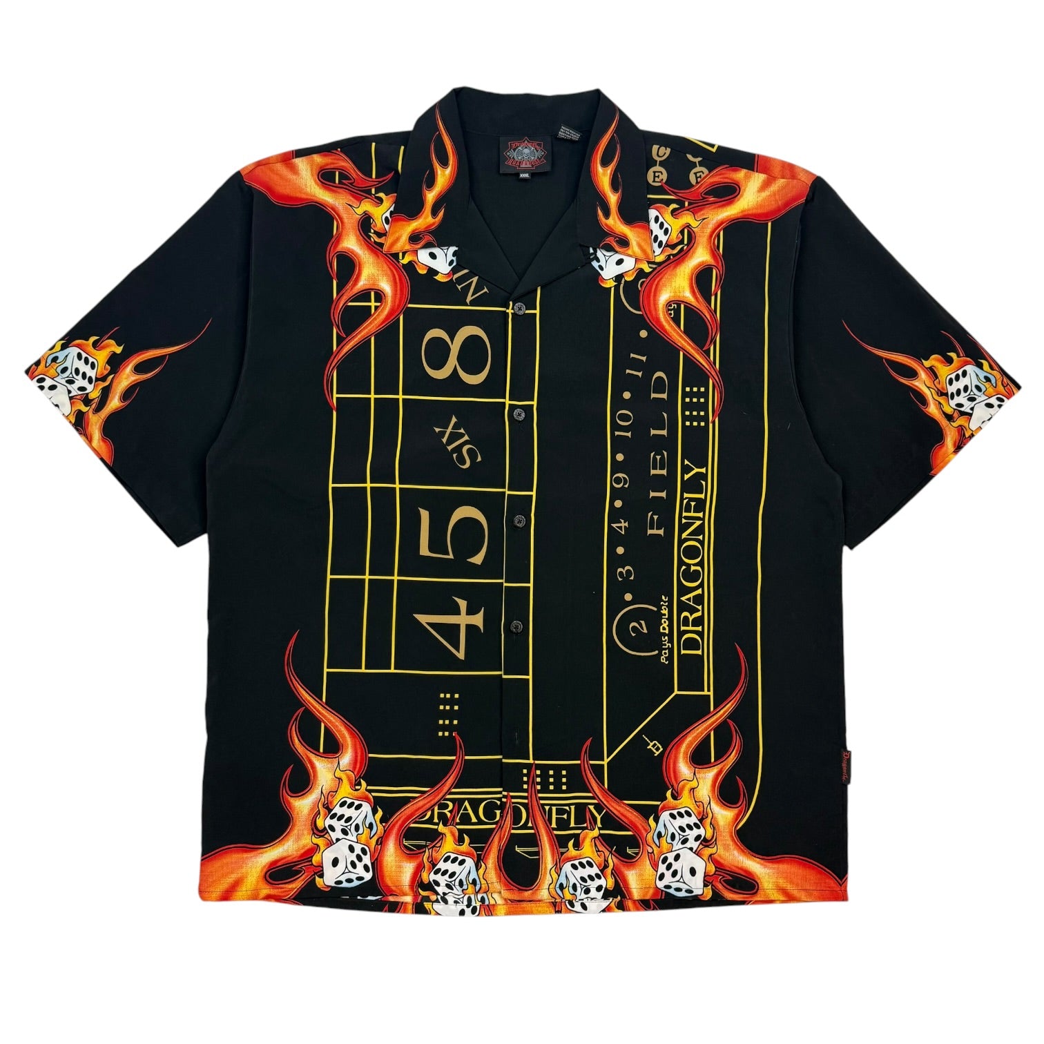 Vintage Dragonfly Roadhouse Flaming Craps Table Button Up Black