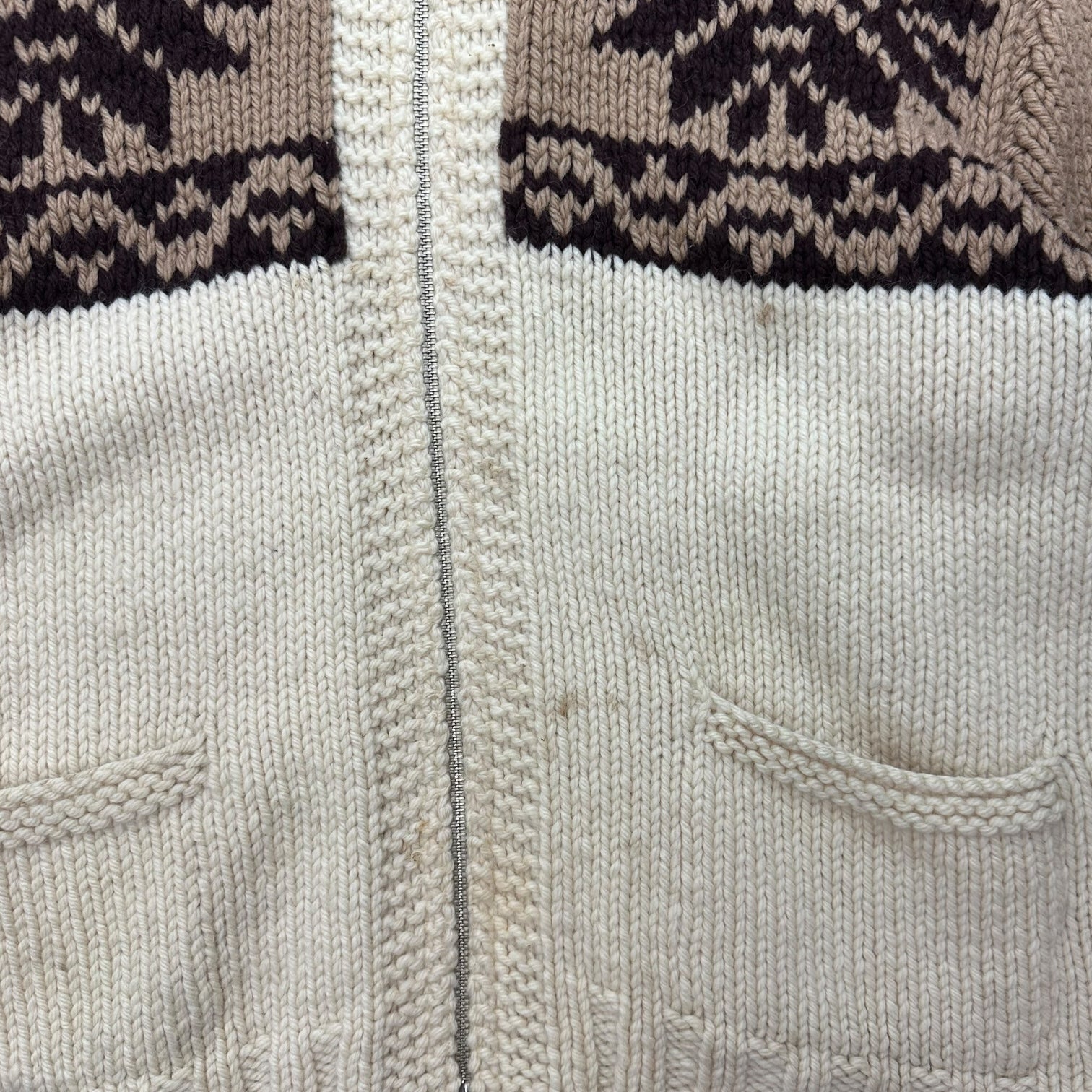 Vintage Hand Knit Wool Cowichan Siwash Snowflake Full Zip Jacket Brown/Beige