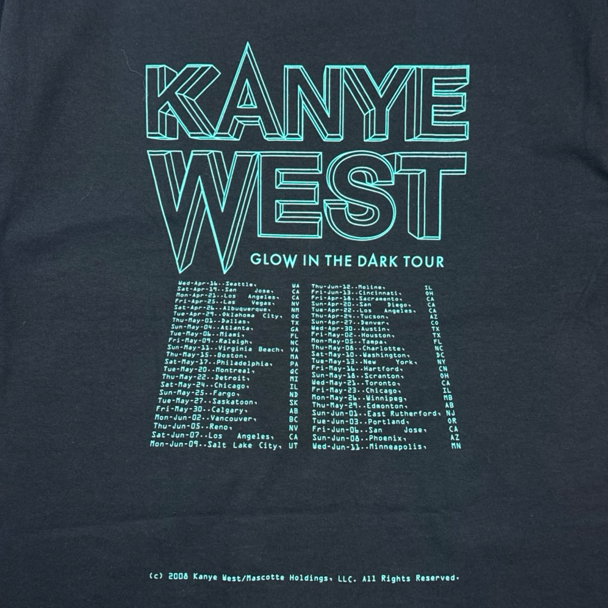 2008 Kanye West Glow In The Dark Tour T-Shirt Black