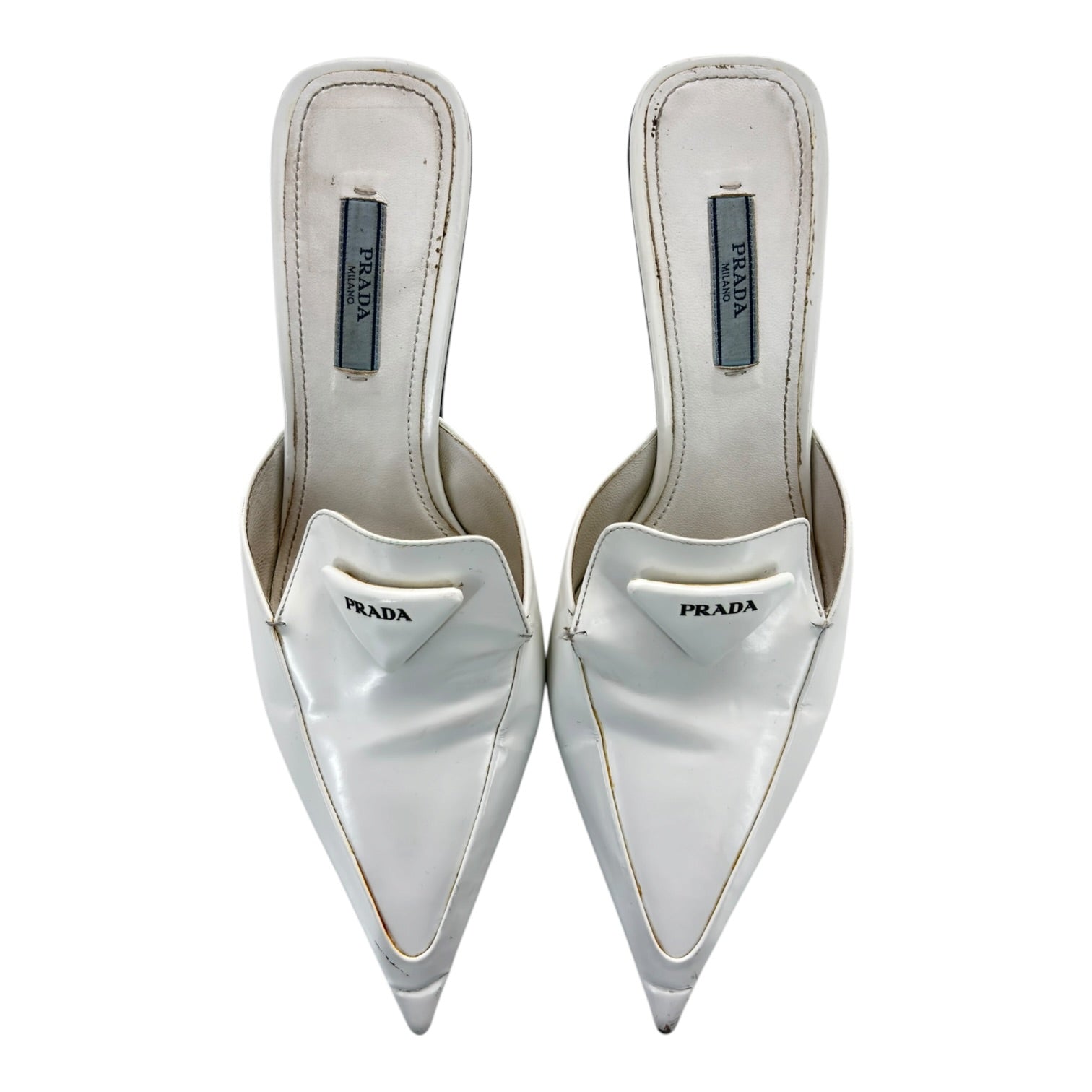 (W) Prada White Spazzolato Triangle Logo 55M Pointed Toe Mules Heels