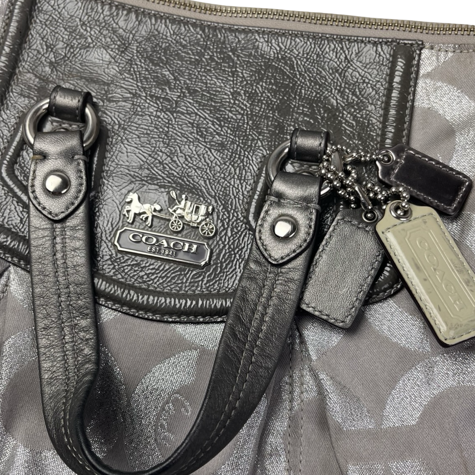 (W) Coach Madison Gray Op Art Signature C Patent Trim Purse