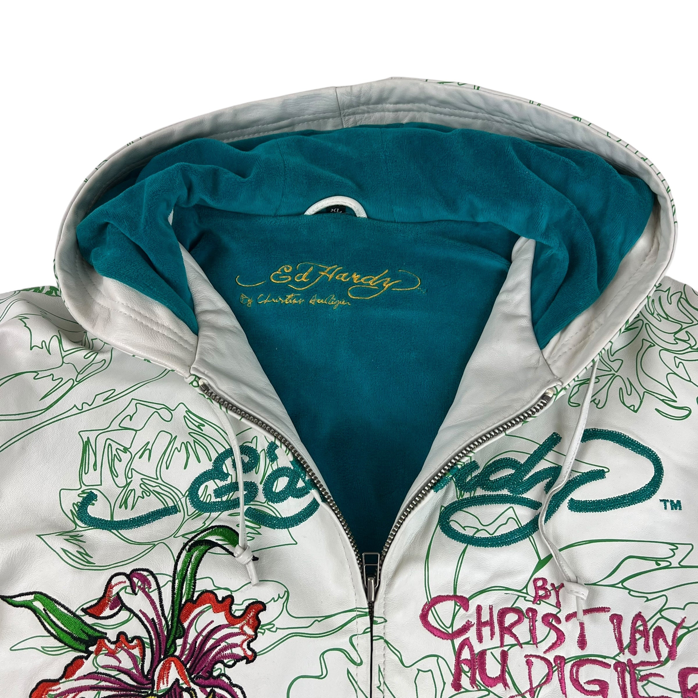 Vintage Y2K Ed Hardy Embroidered Hooded Leather Zip-Up White