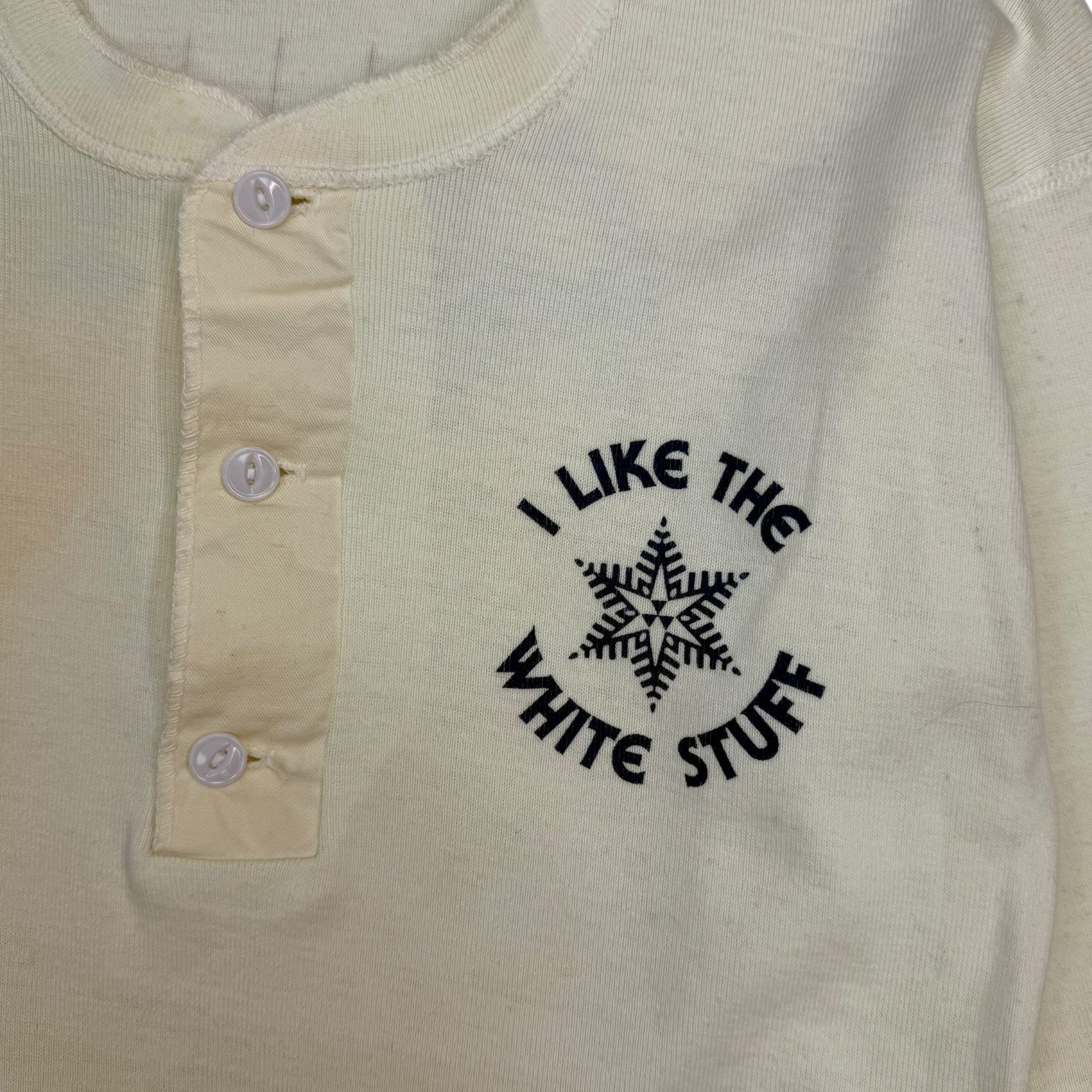 1980s ‘I Like The White Stuff’ Powder Skiing Henley Shirt White