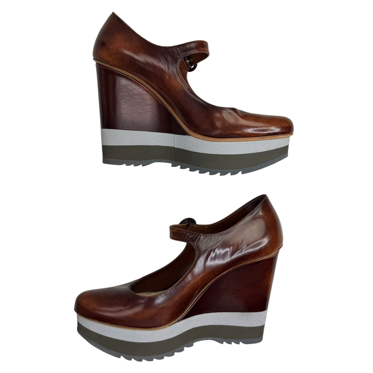 (W) Prada Leather Stepped Sole Wedge Heel Pump Brown (Used)