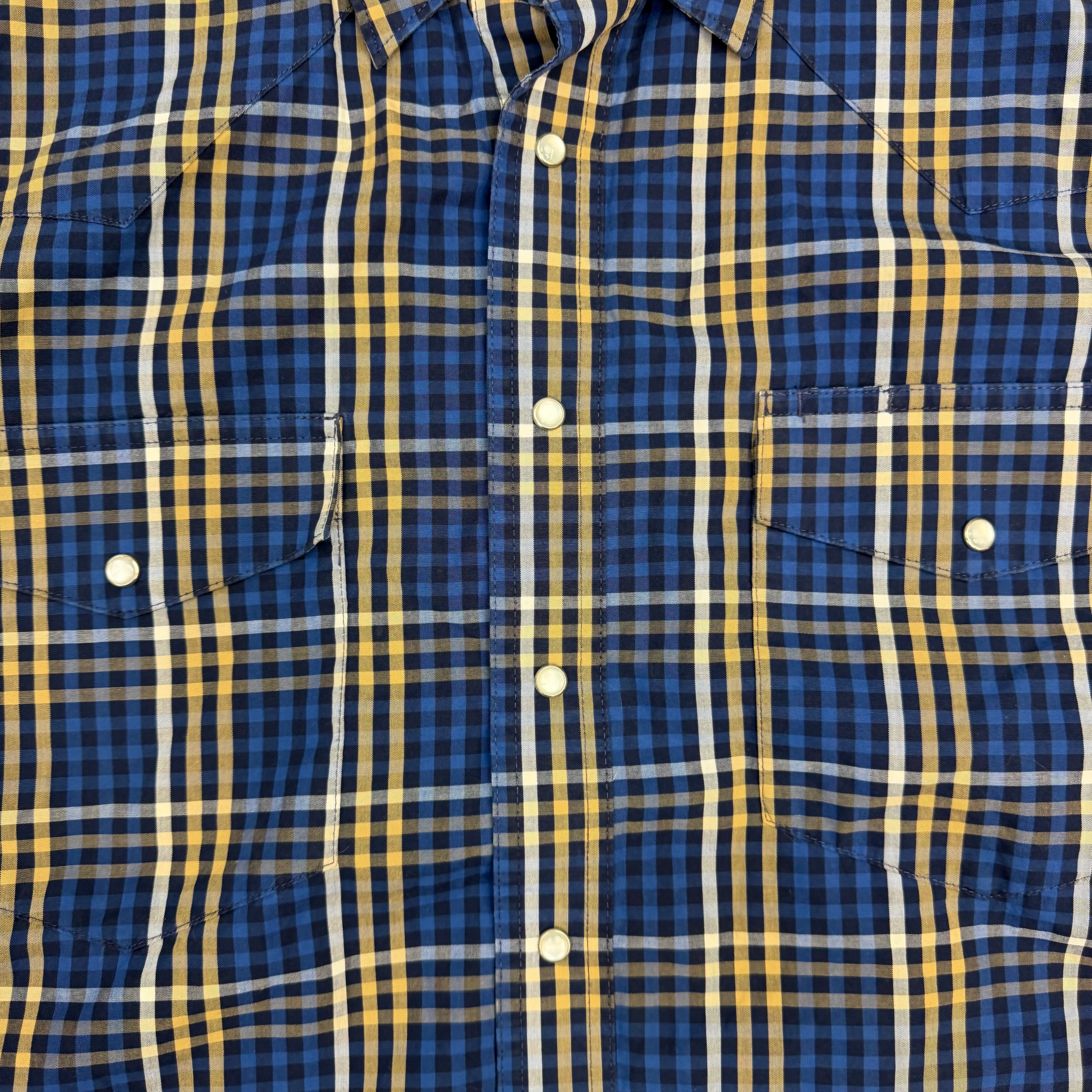 Vintage Wrangler Plaid Snap Button Up Flannel Shirt Blue/Yellow