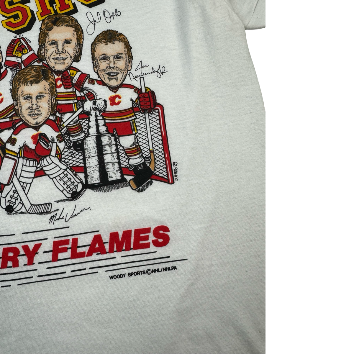 1989 Calgary Flames Slap Shot Cartoon T-Shirt White