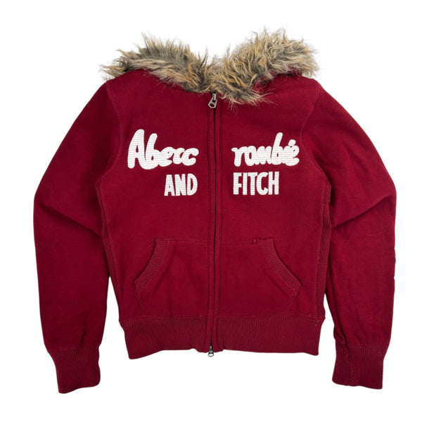 (W) Vintage Y2K Abercrombie And Fitch Faux Fur Trimmed Hoodie Red
