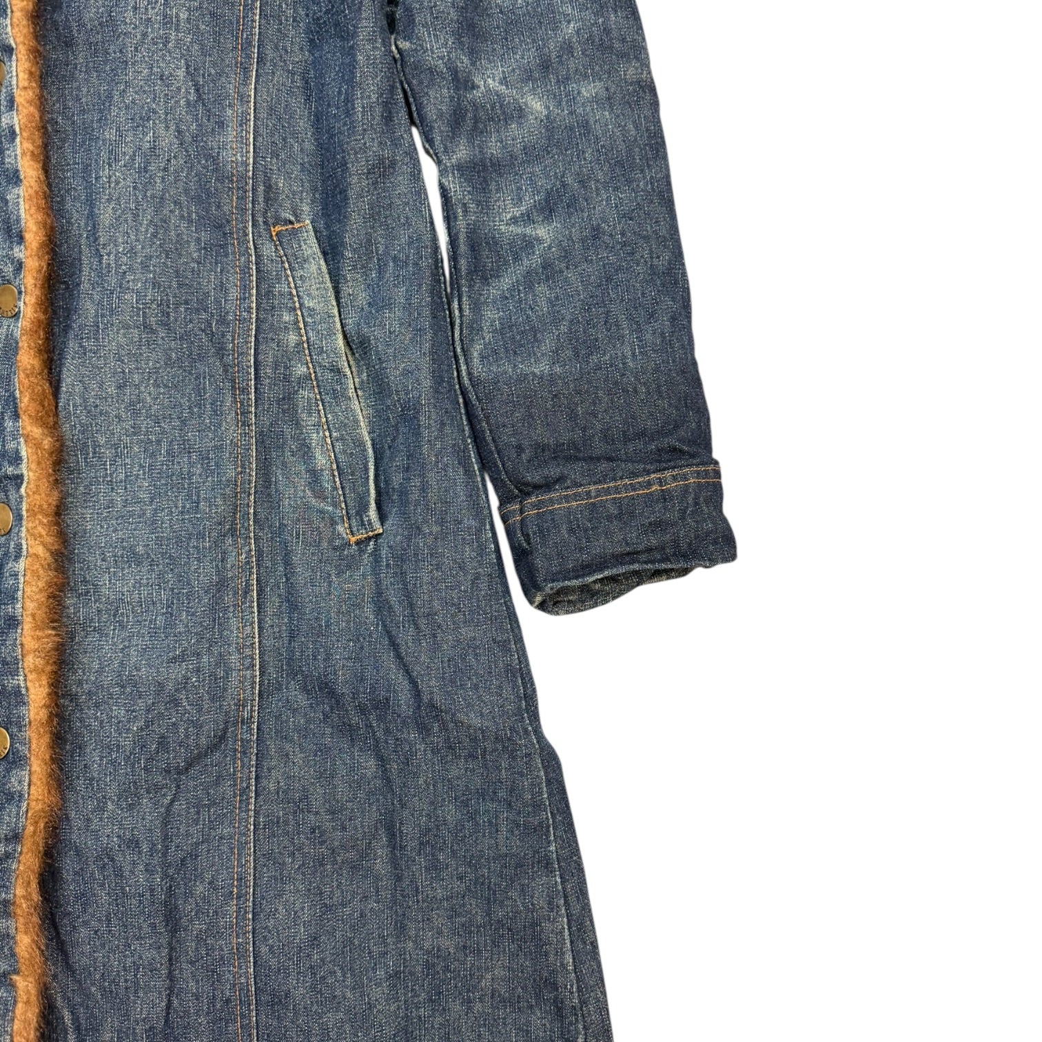 (W) Vintage Faux Fur Denim Trench Coat Medium Wash