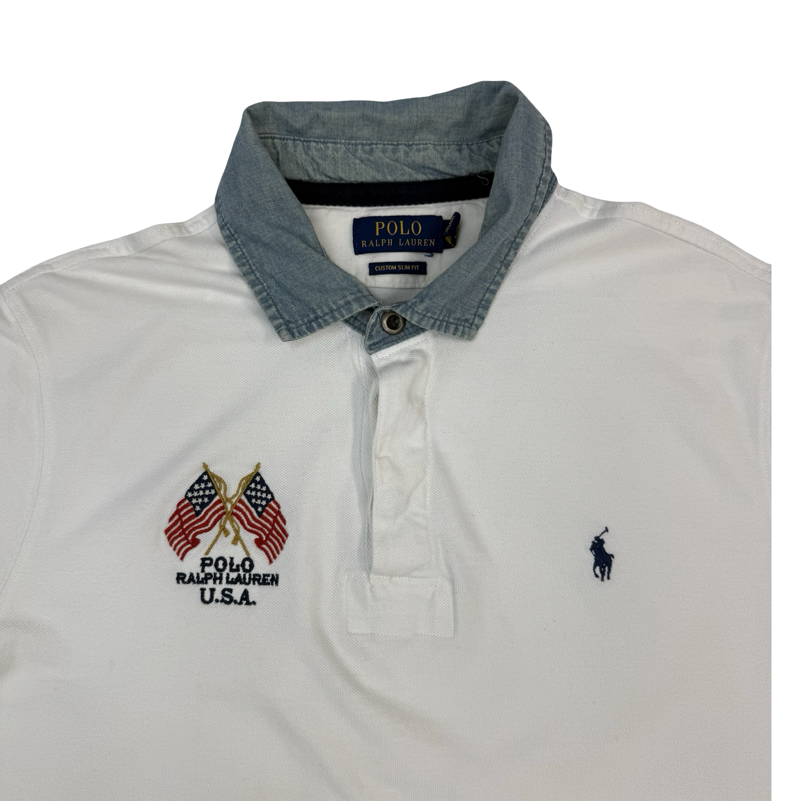 Vintage Polo Ralph Lauren USA Denim Collar Polo Shirt White