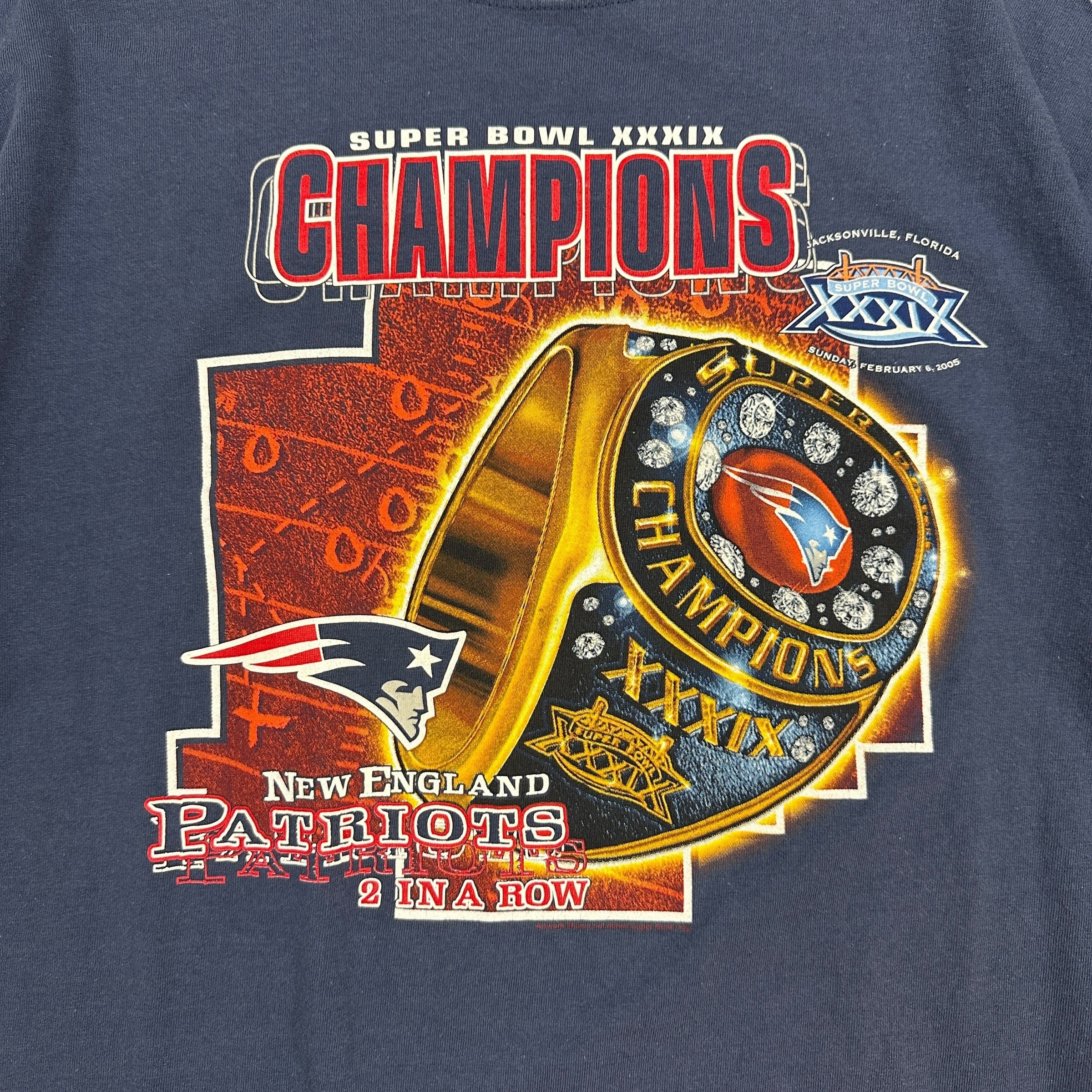 Vintage 2005 New England Patriots 2 In A Row Super Bowl Tee Navy