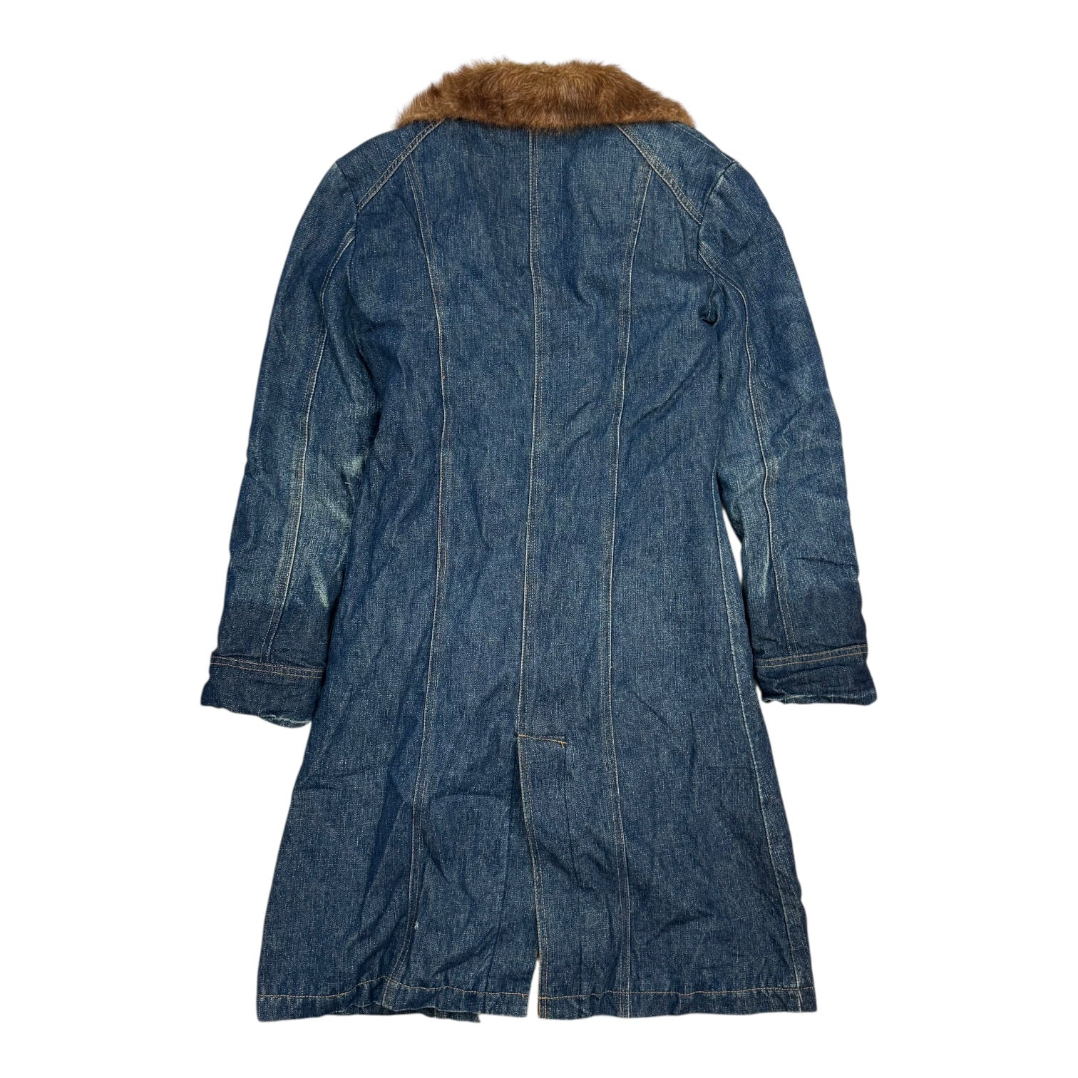 (W) Vintage Faux Fur Denim Trench Coat Medium Wash