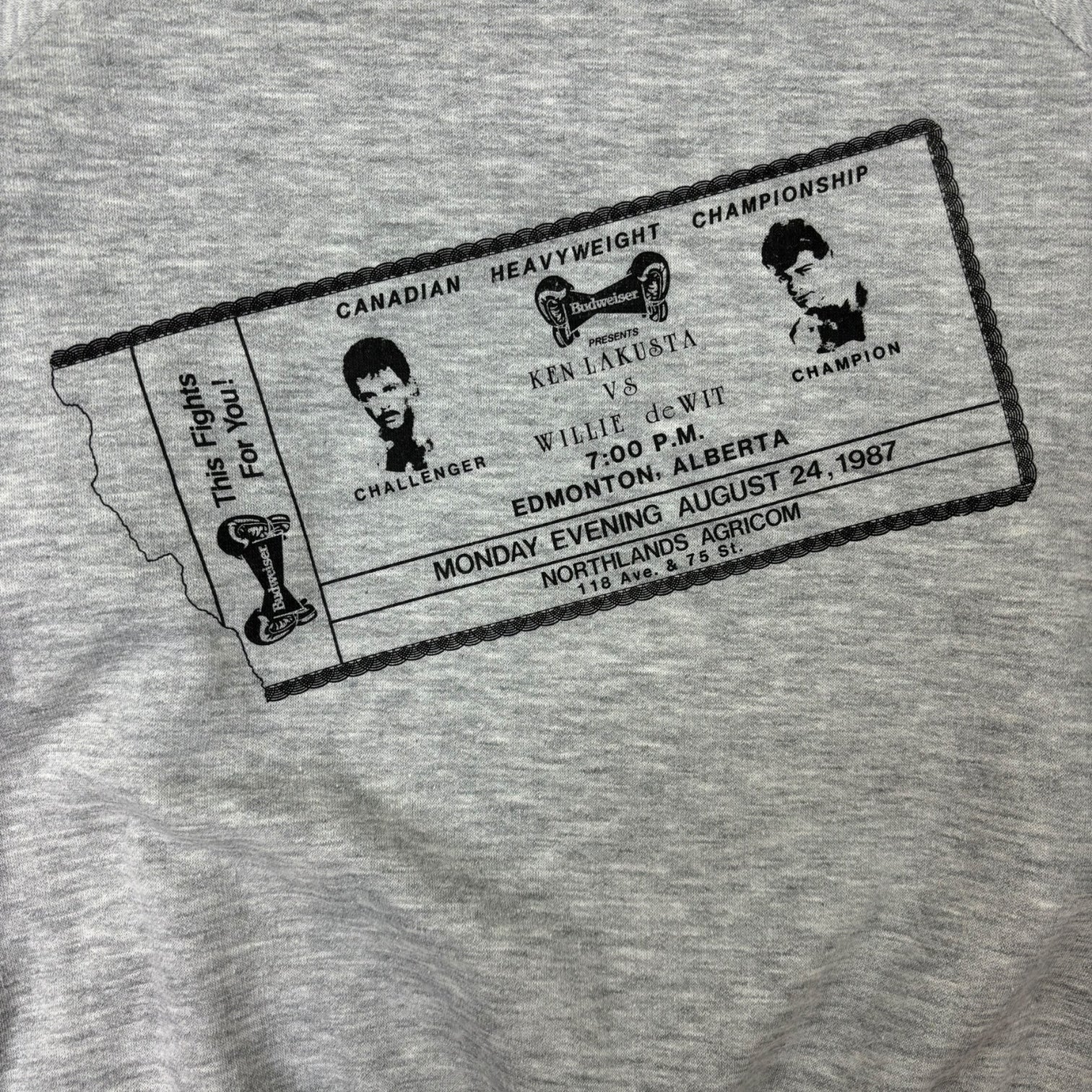 Vintage 1987 Budweiser “DeWit vs. Lakusta” Boxing Crewneck Grey