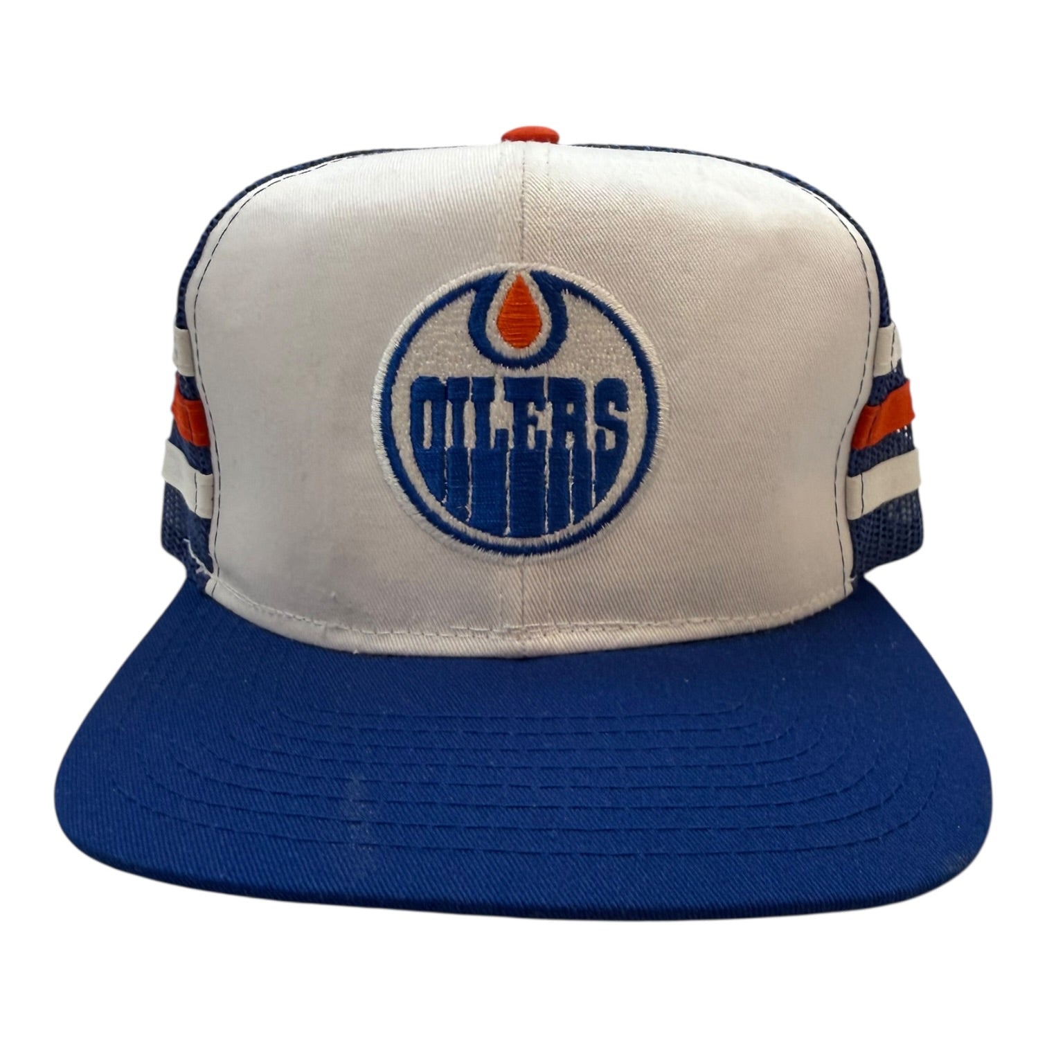 Vintage Ted Fletcher Edmonton Oilers Tri-Stripe Hat Blue/White/Orange