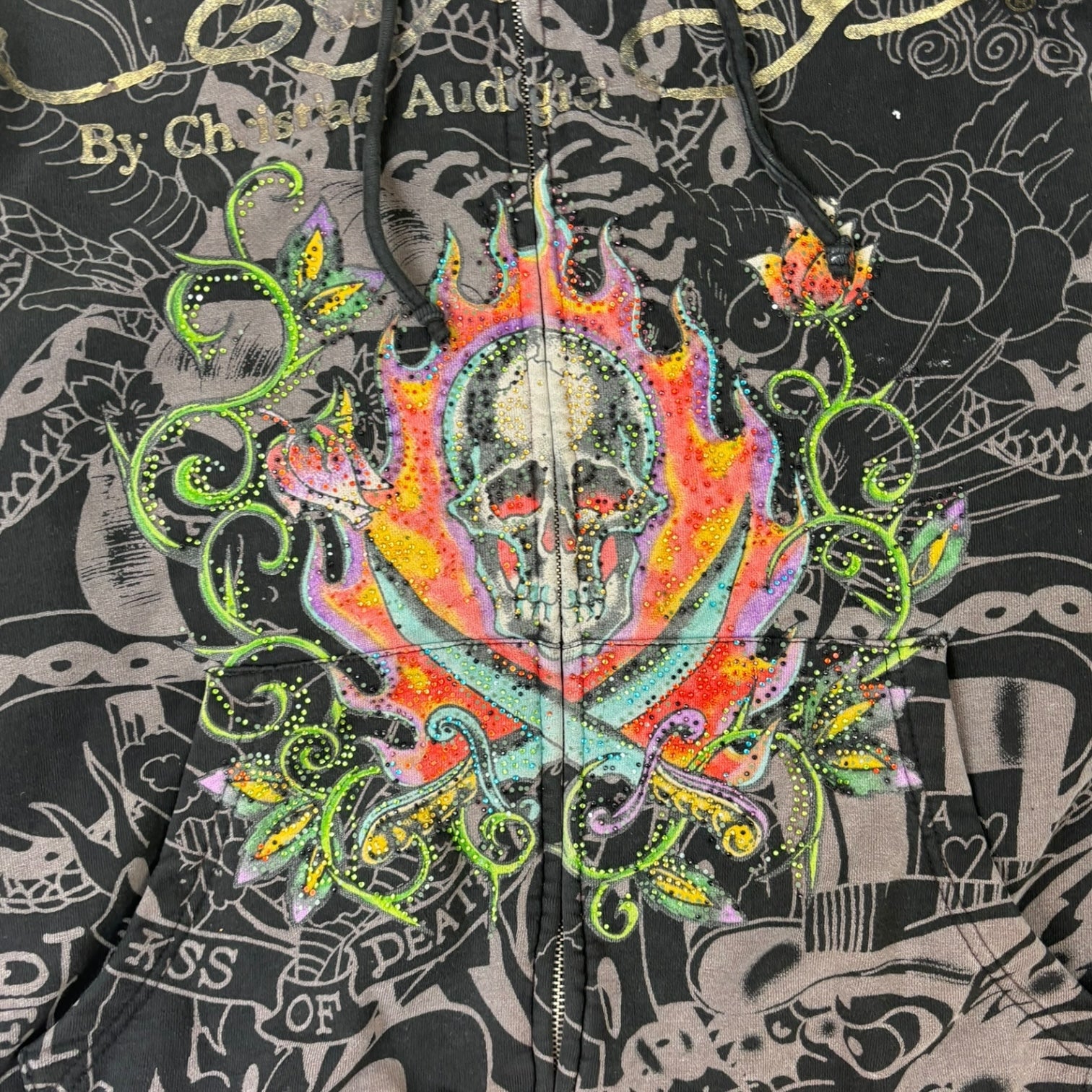 Vintage Y2K Ed Hardy Rhinestone Skull Zip-Up Black
