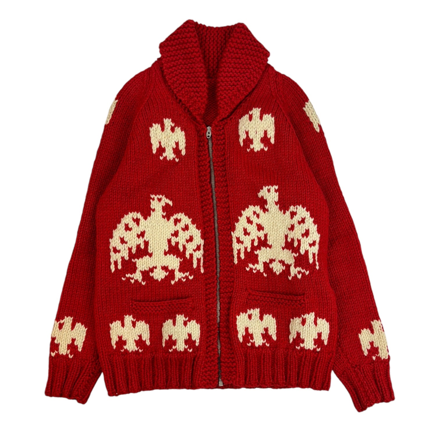 Vintage Hand-Knit Eagle Zip-Up Cowochan Sweater Red