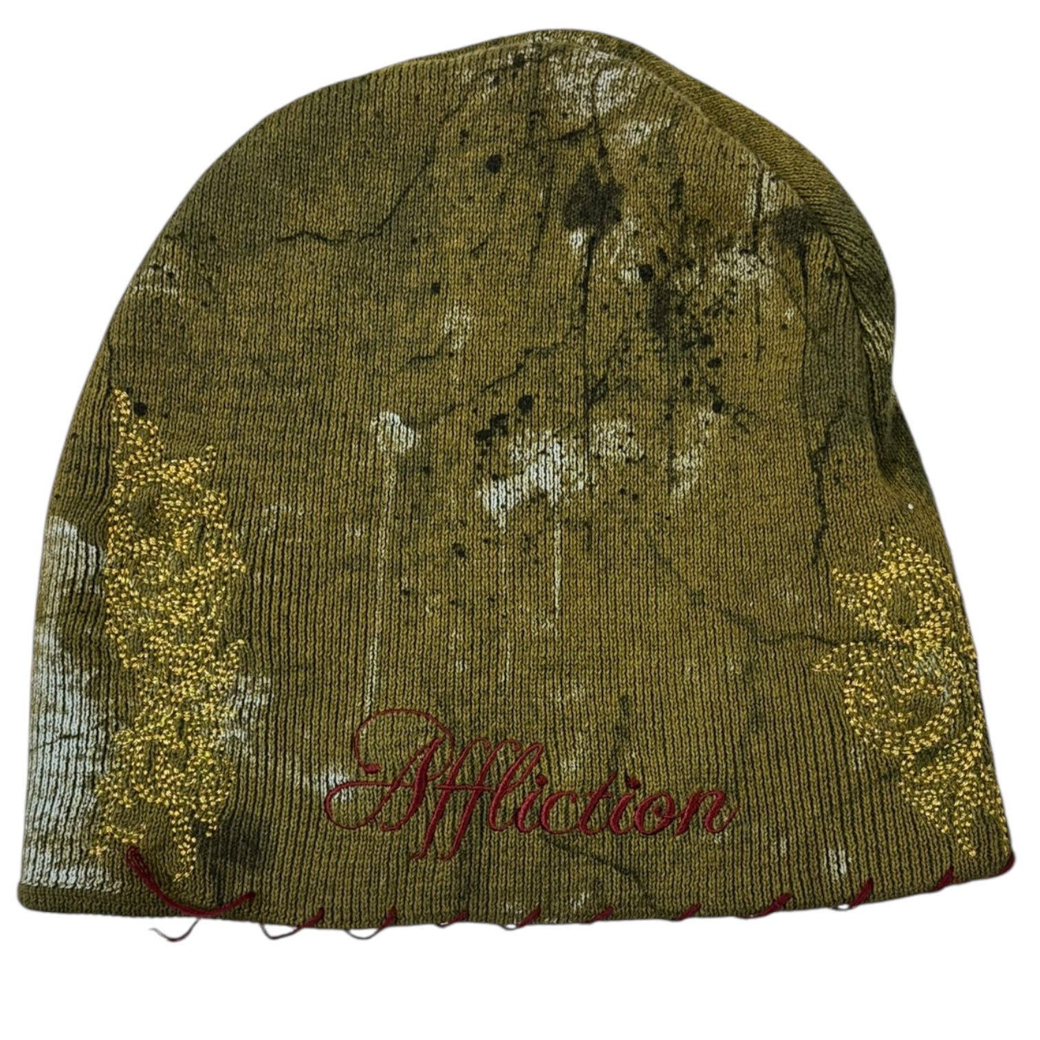 Vintage Y2K Affliction Angel Skullcap Beanie Olive