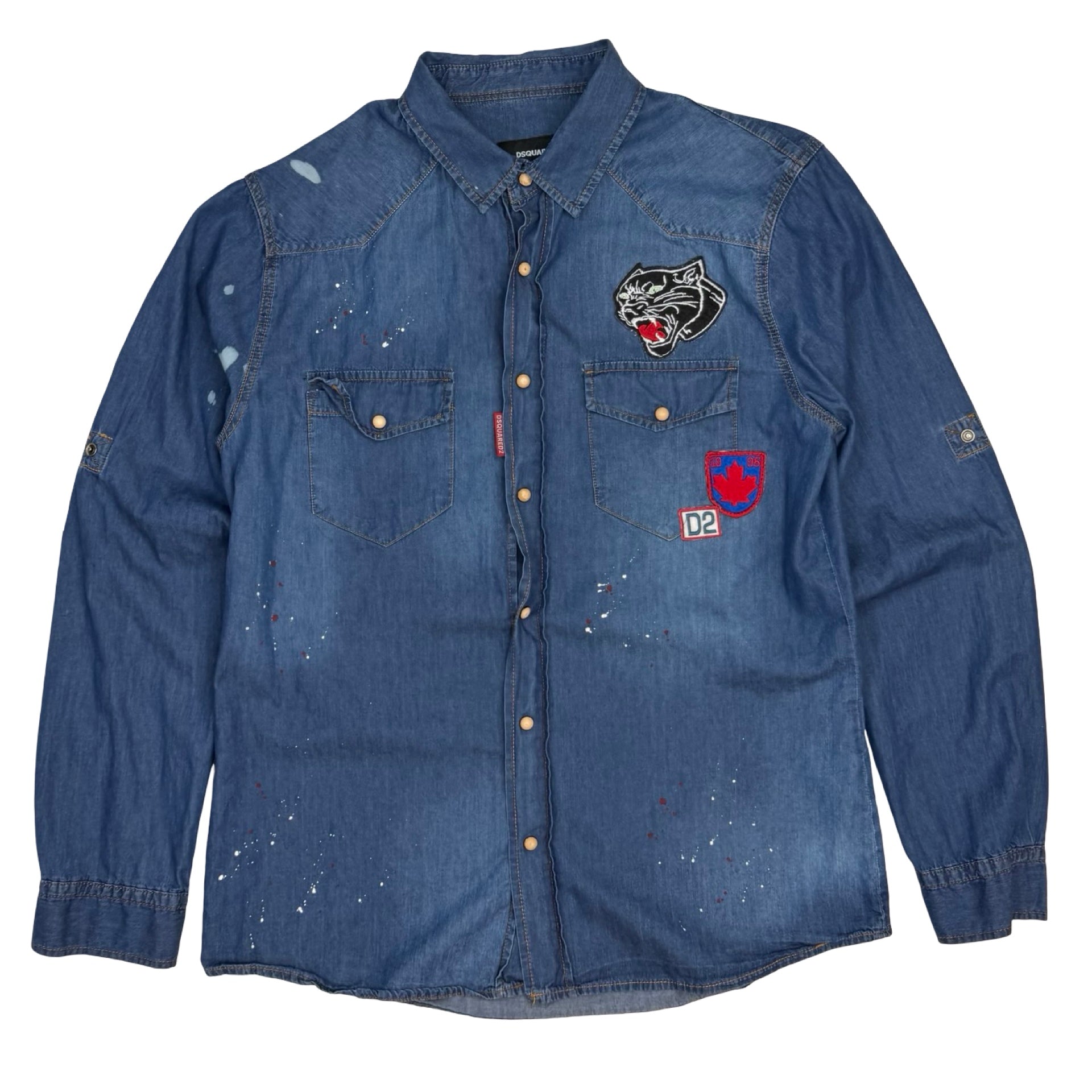 Dsquared2 Denim Patch Button Up Paint Splattered Shirt Blue
