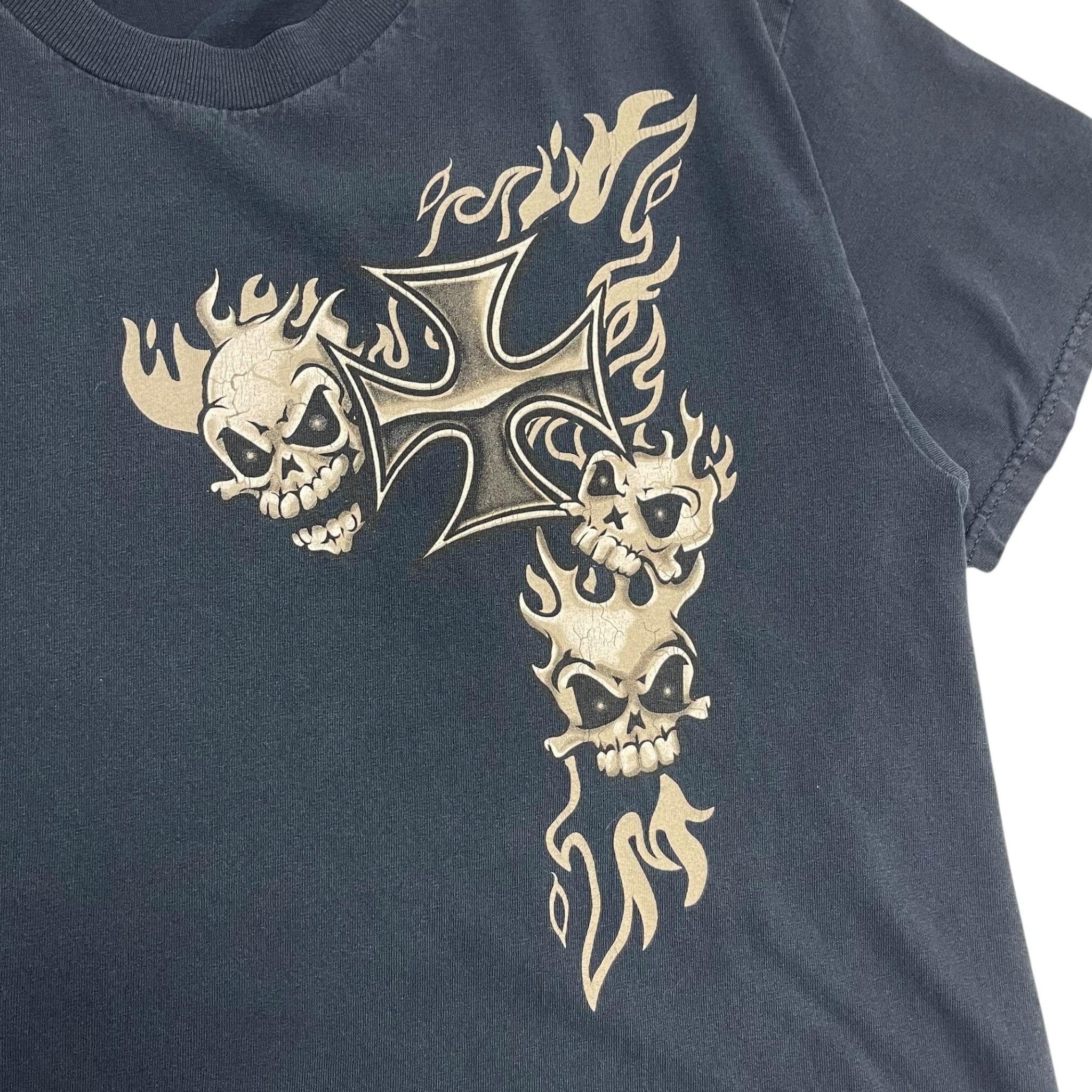 Vintage Y2K Iron Cross, Flames & Skulls T-Shirt