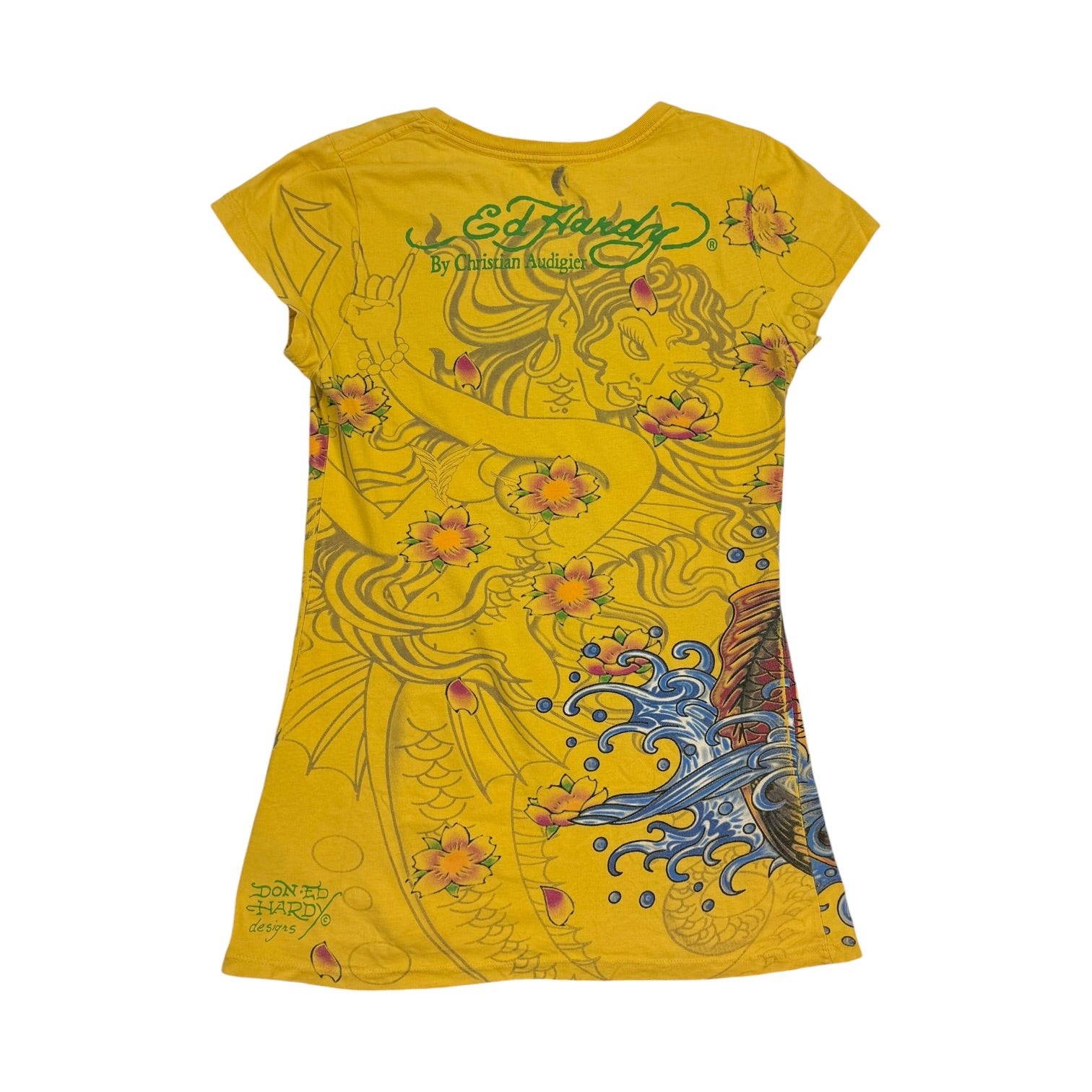 (W) Vintage Ed Hardy Christian Audigier Koi And Lotus Tee Yellow