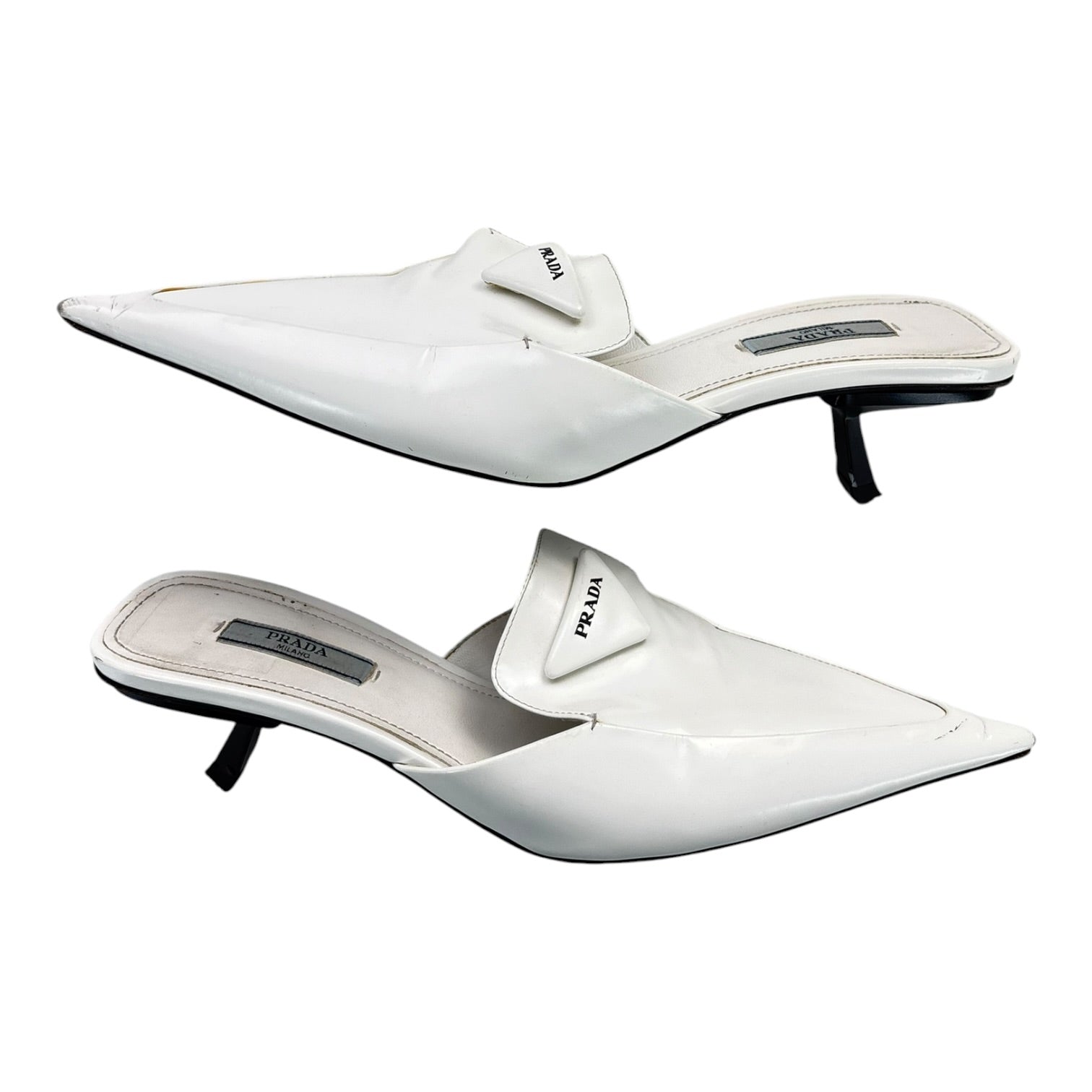 (W) Prada White Spazzolato Triangle Logo 55M Pointed Toe Mules Heels