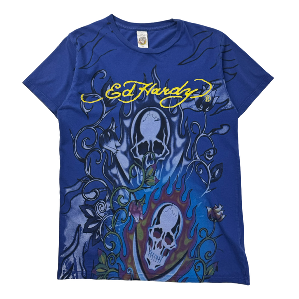 Vintage Ed Hardy Flame Skull T-Shirt Blue