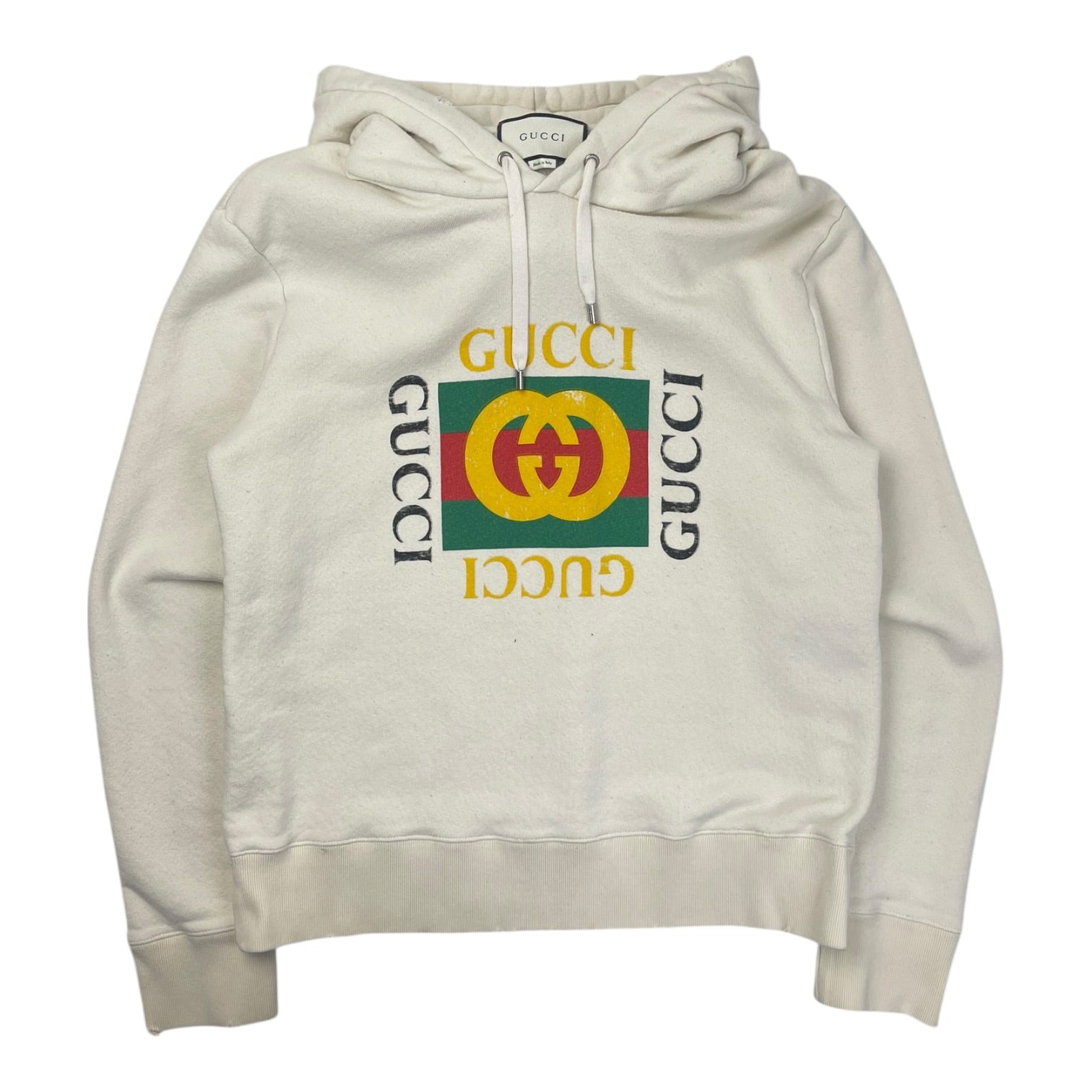 Gucci Logo Distressed Hoodie Cream