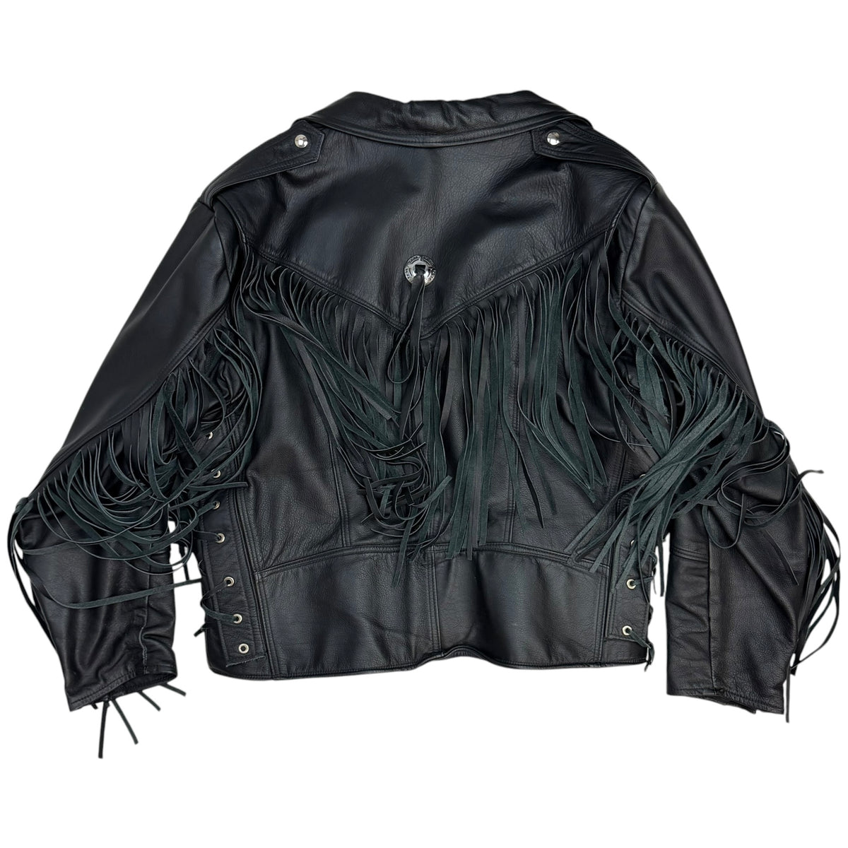 Vintage Leather Fringe Detail Motorcycle Jacket Black