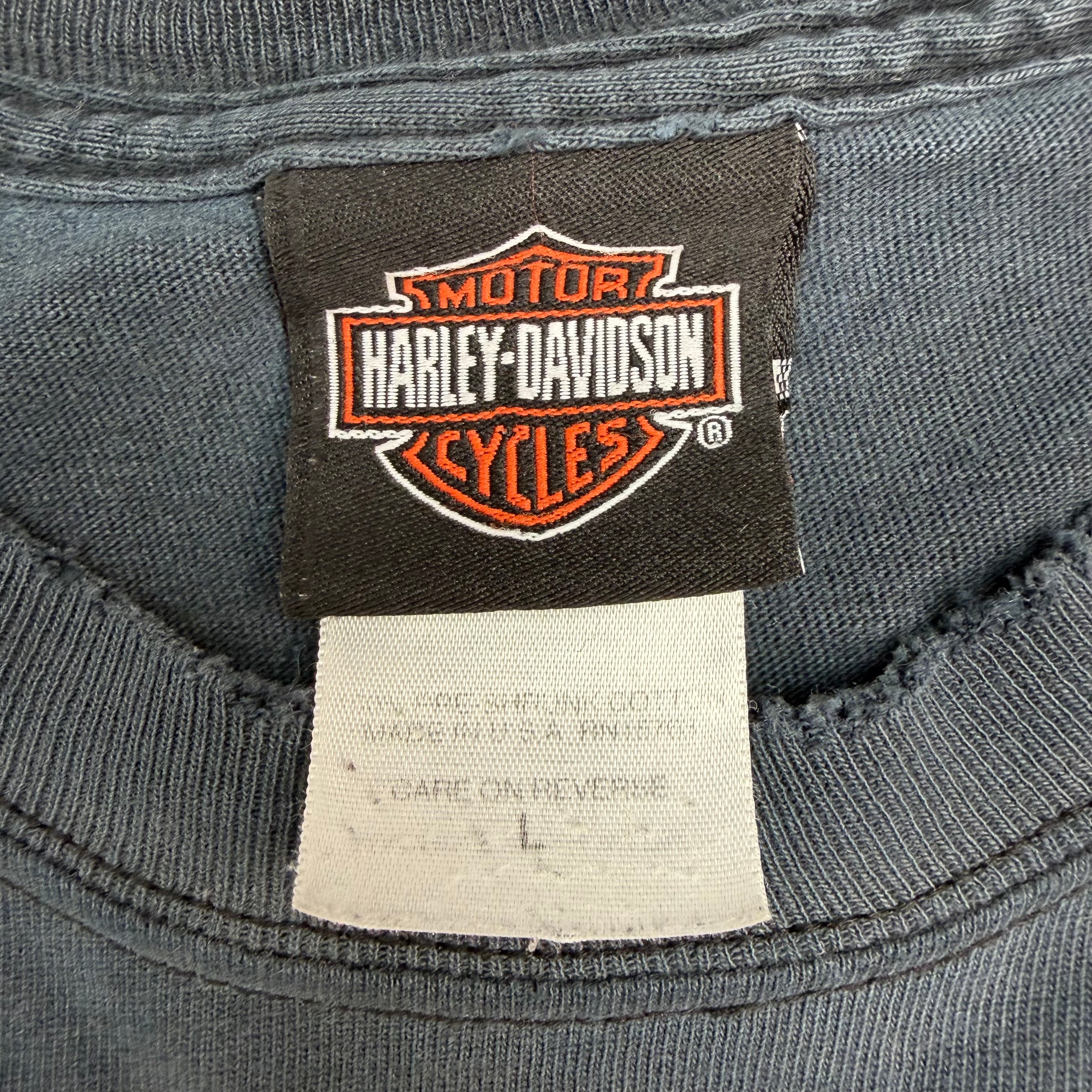 2003 Harley Davidson Gasoline Alley Flaming Skull Pocket Tee Faded Black