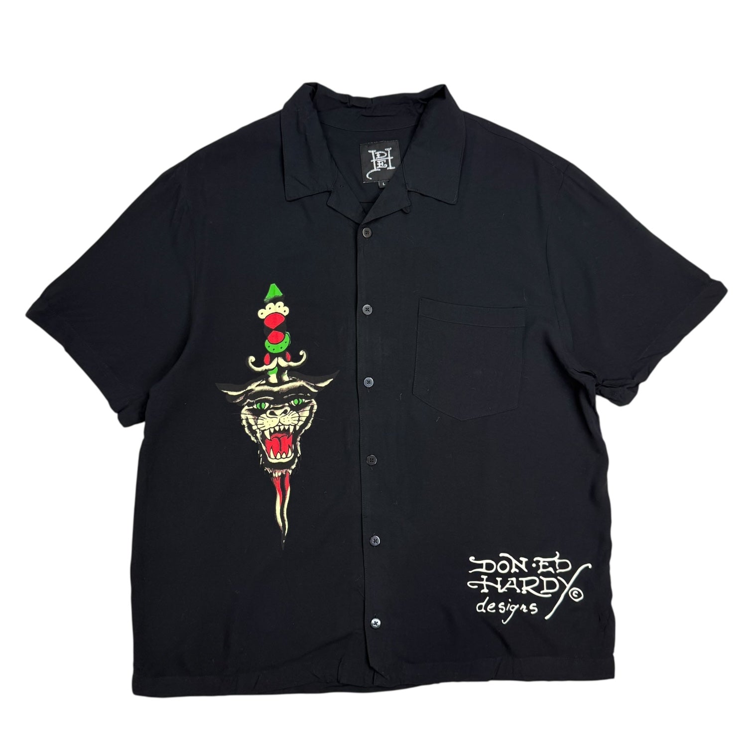 Vintage Y2K Ed Hardy Tattoo Rayon Button Up Shirt Black