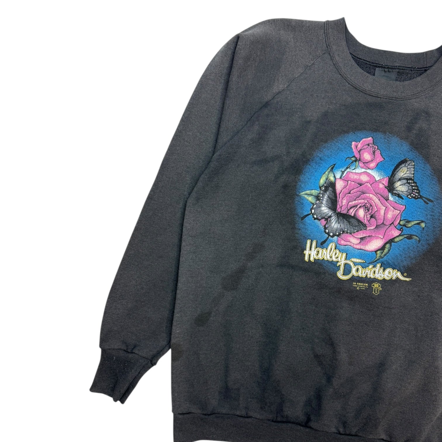 Vintage Harley Davidson 3D Emblem Rose Butterfly Crewneck Faded Black