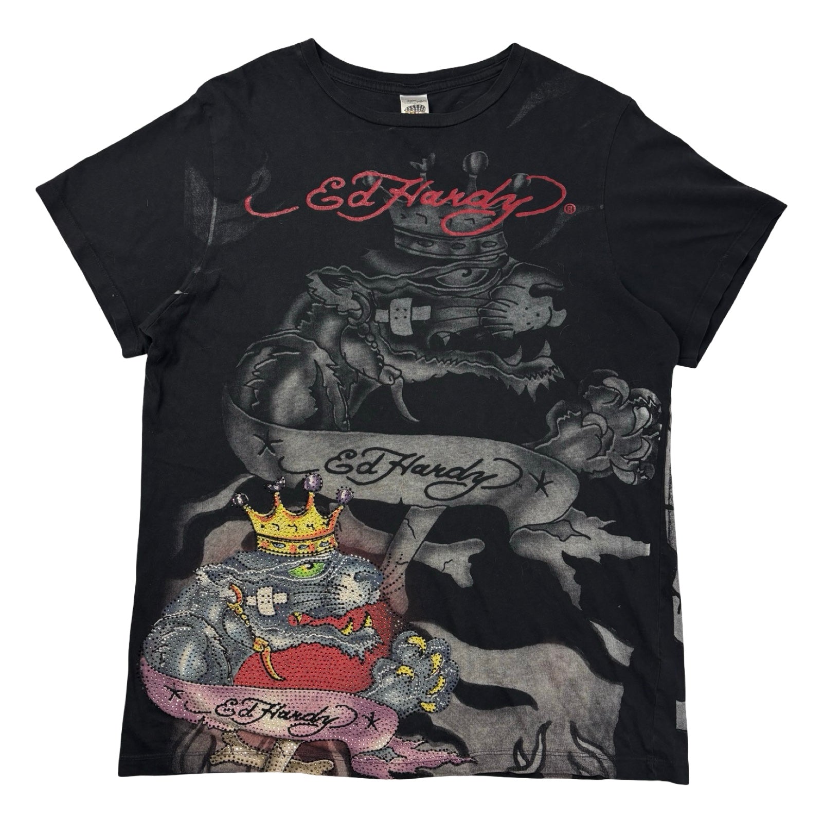 Y2K Ed Hardy Rhinestone Crowned Dog T-Shirt