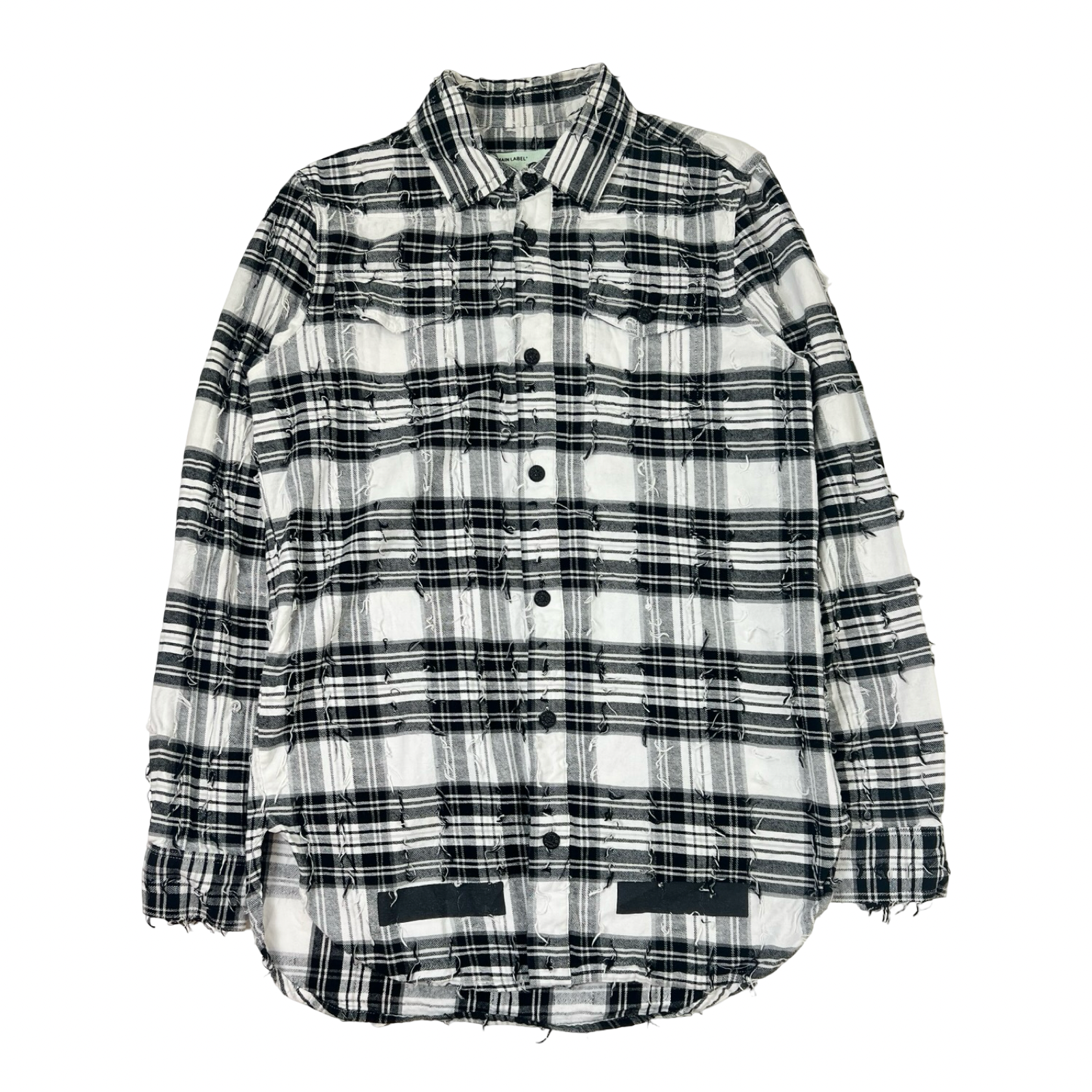 Off White Distressed Tartan Flannel Button Up