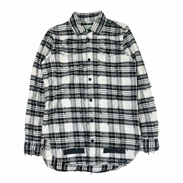 Off White Distressed Tartan Flannel Button Up