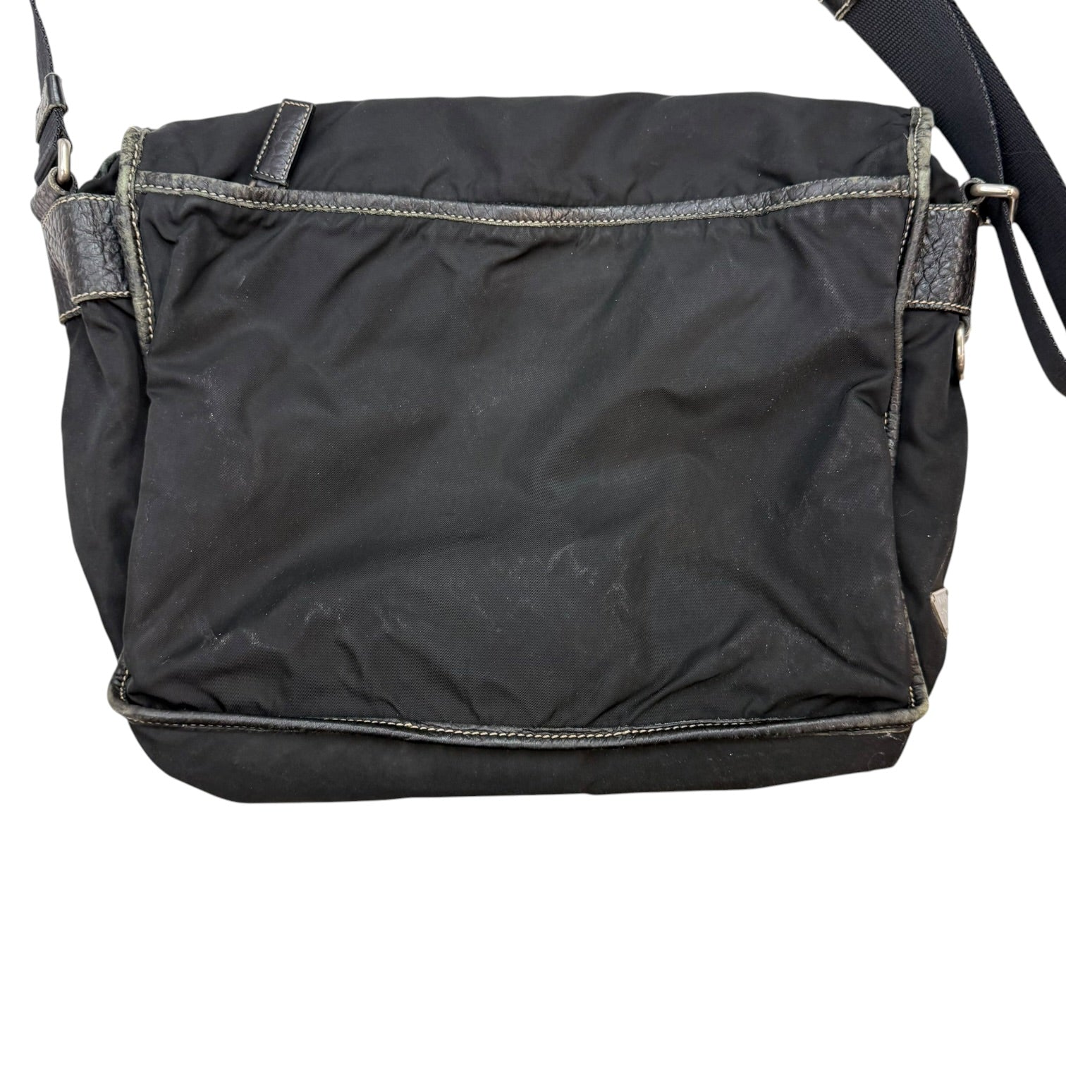 Prada Enameled Metal Trinagle Logo Nylon Messenger Bag Black