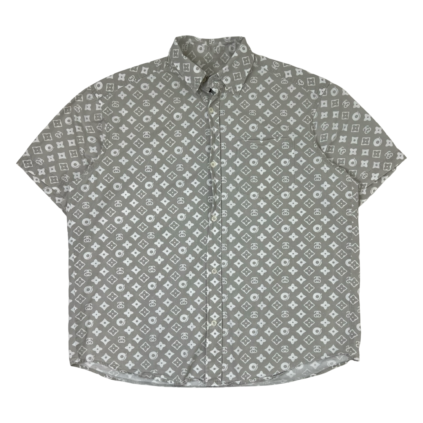 Vintage 90’s Stussy Monogram Print Button Up S/S Shirt Grey