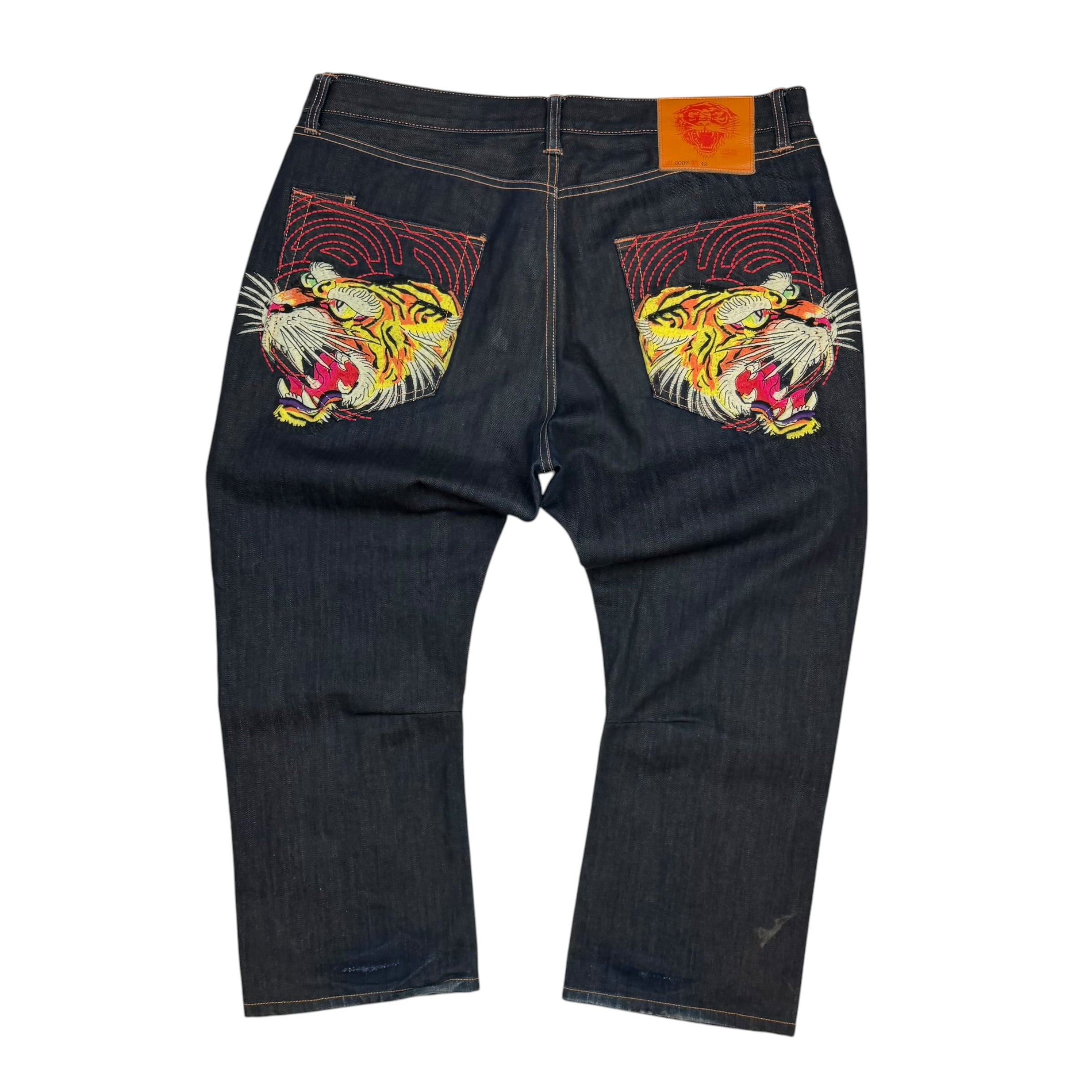Vintage Ed Hardy Embroidered Raw Denim Jeans Indigo
