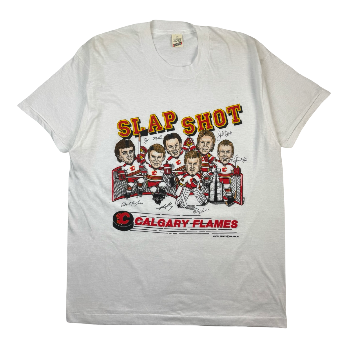 1989 Calgary Flames Slap Shot Cartoon T-Shirt White