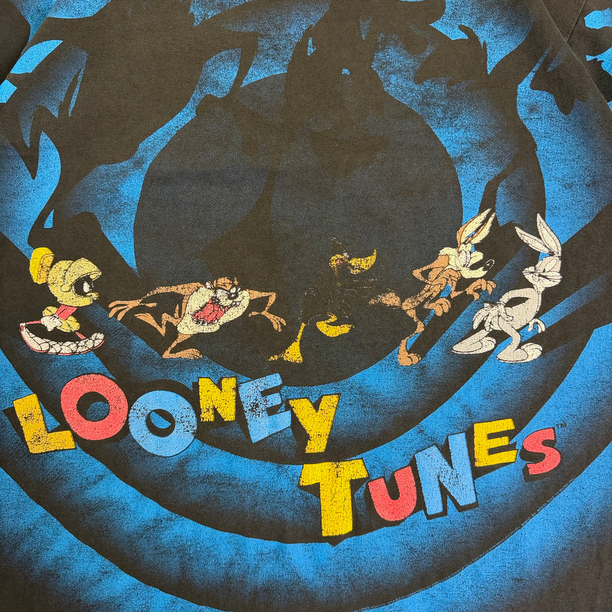 1992 Looney Tunes All Over Print Distressed Tee Faded Black/Blue