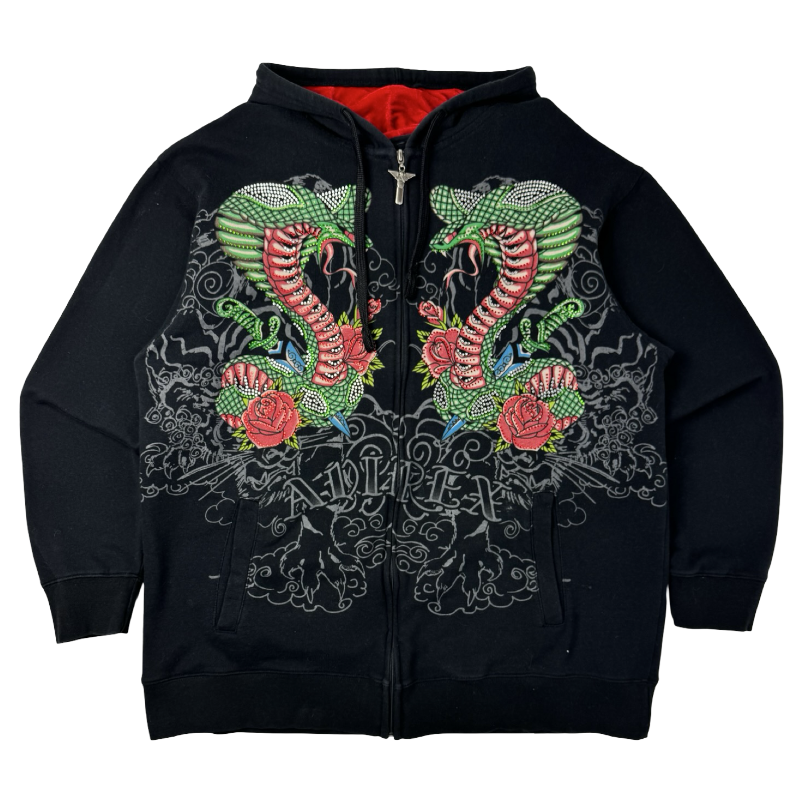 Vintage Y2K Avirex Twin Snakes Rhinestone Zip Up Hoodie